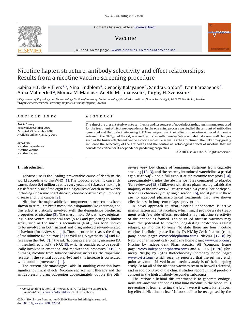 Nicotine hapten structure, antibody selectivity and effect relationships: Results from a nicotine vaccine screening procedure