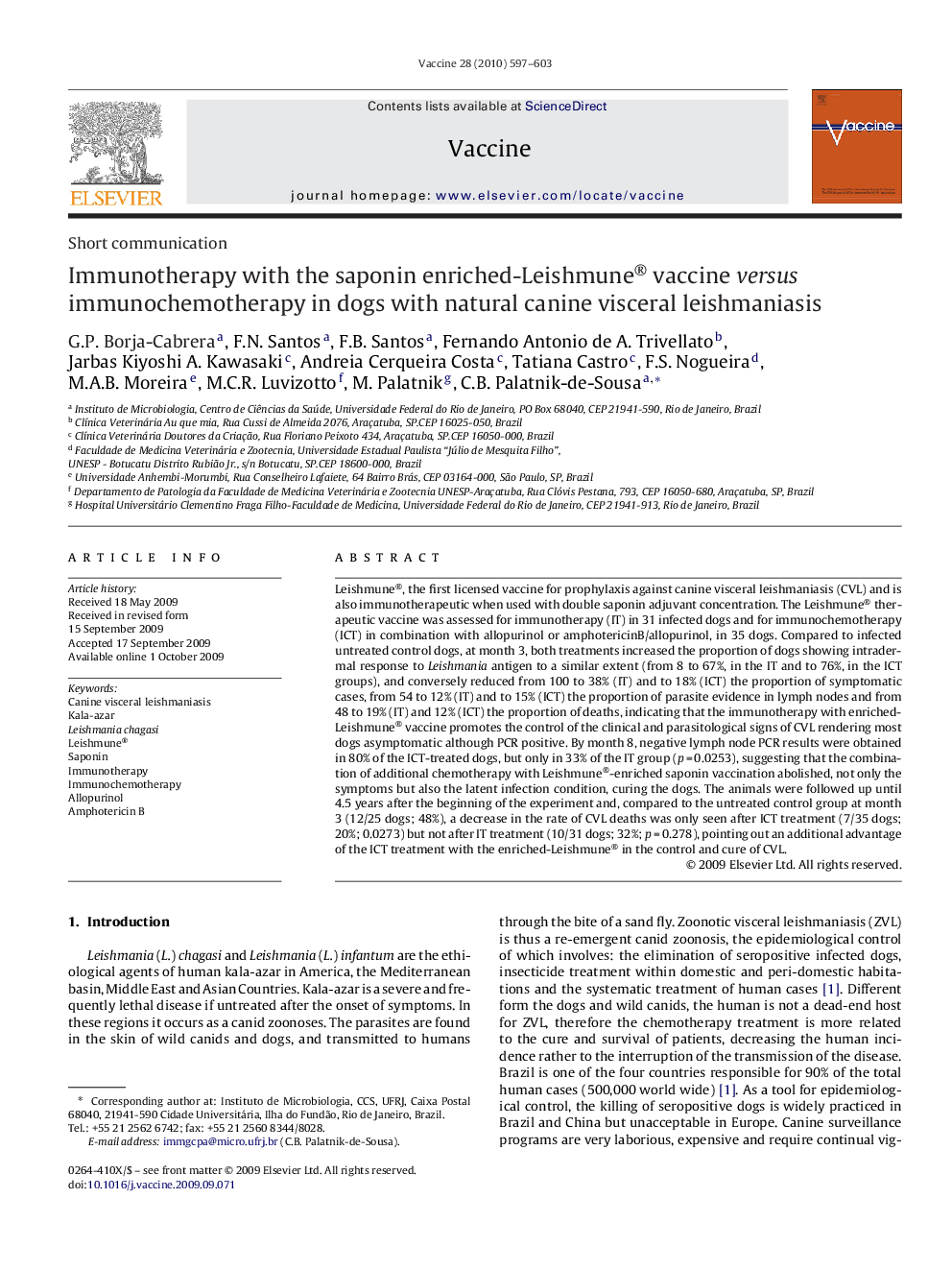 Immunotherapy with the saponin enriched-Leishmune® vaccine versus immunochemotherapy in dogs with natural canine visceral leishmaniasis