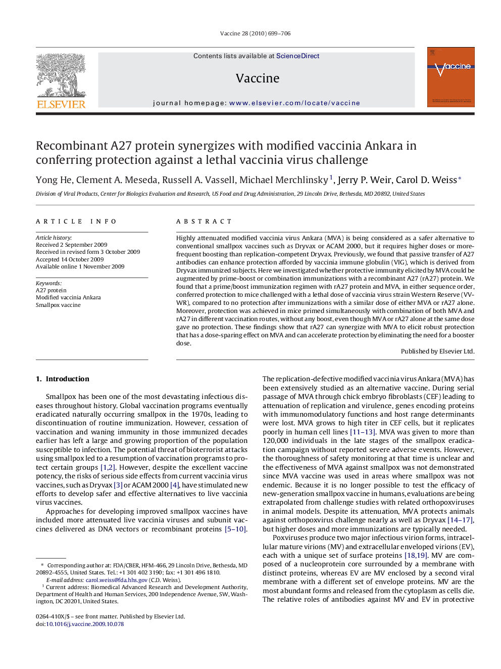 Recombinant A27 protein synergizes with modified vaccinia Ankara in conferring protection against a lethal vaccinia virus challenge