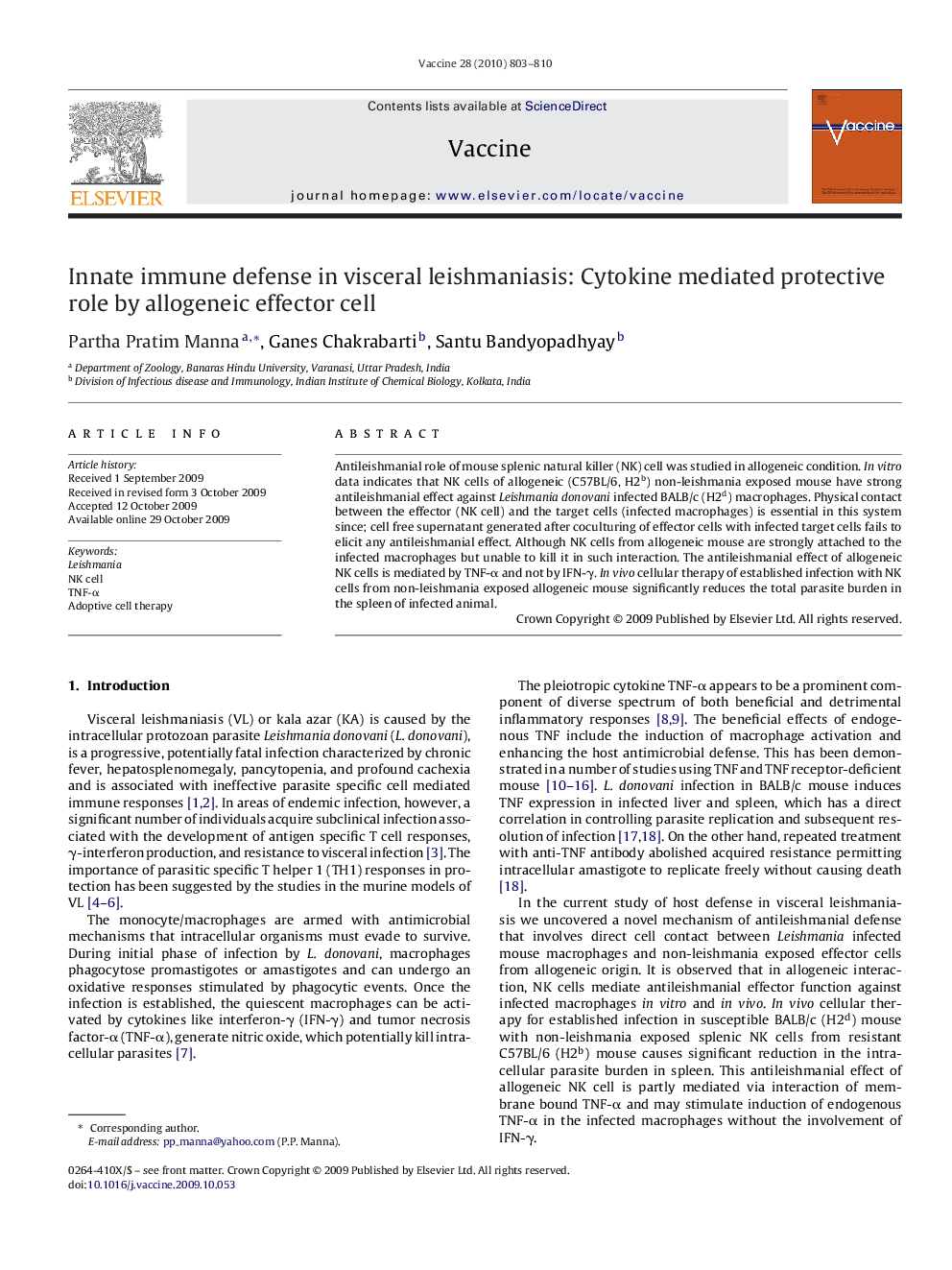 Innate immune defense in visceral leishmaniasis: Cytokine mediated protective role by allogeneic effector cell