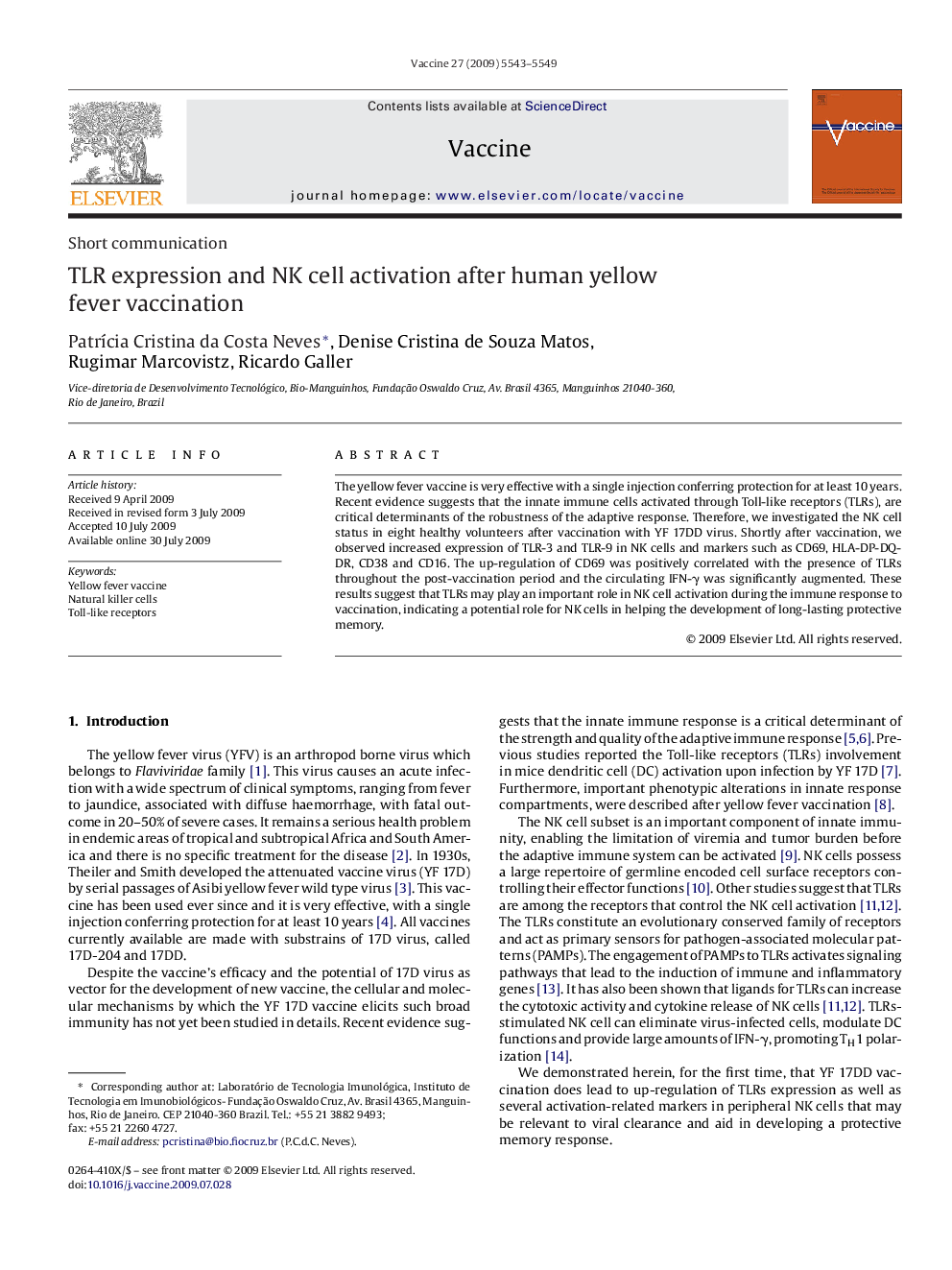 TLR expression and NK cell activation after human yellow fever vaccination