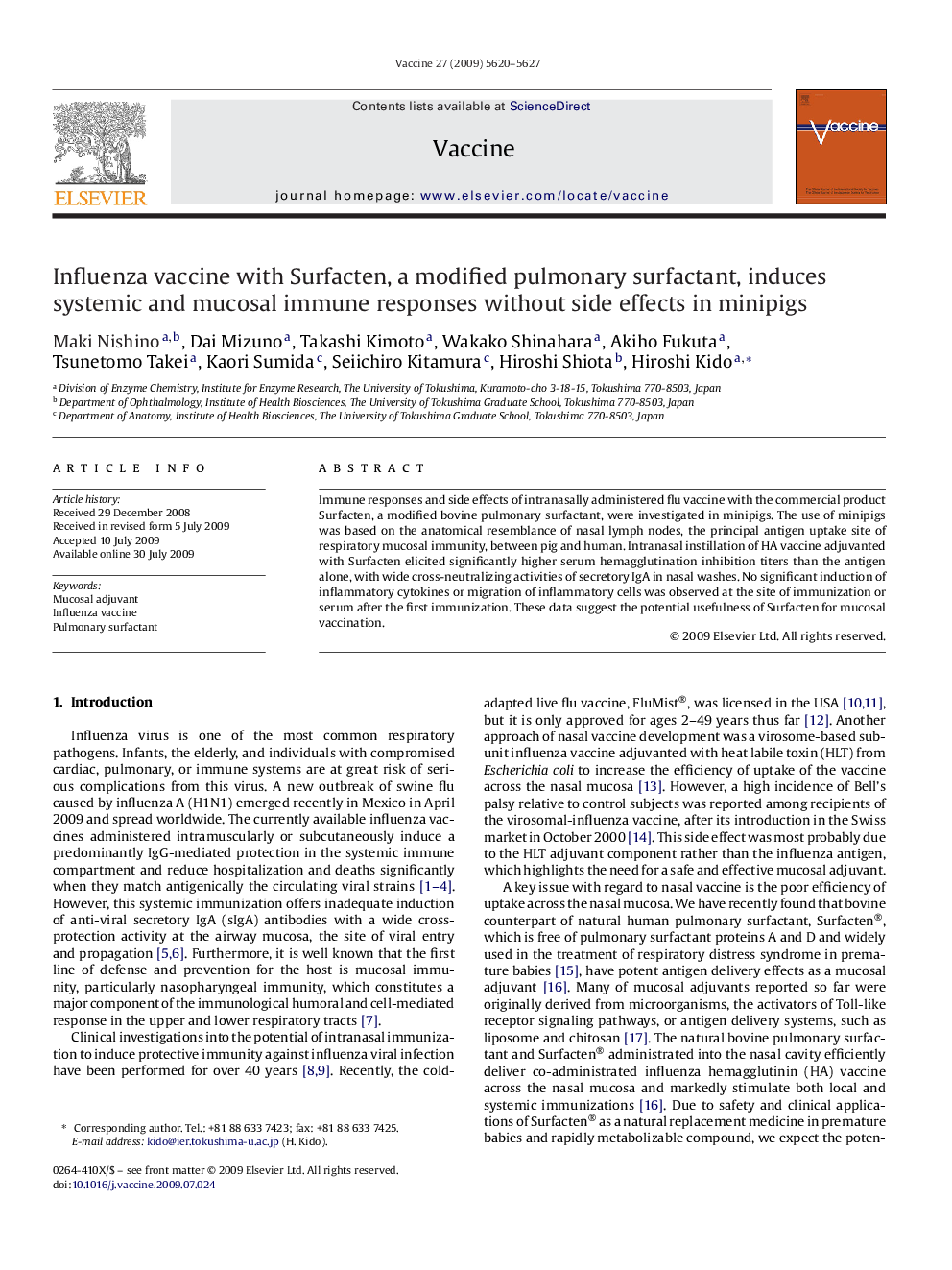 Influenza vaccine with Surfacten, a modified pulmonary surfactant, induces systemic and mucosal immune responses without side effects in minipigs