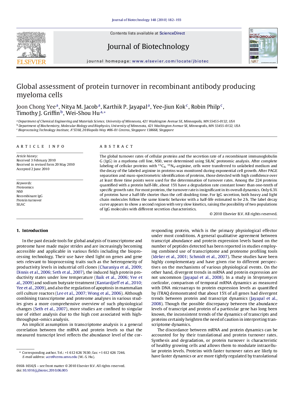 Global assessment of protein turnover in recombinant antibody producing myeloma cells