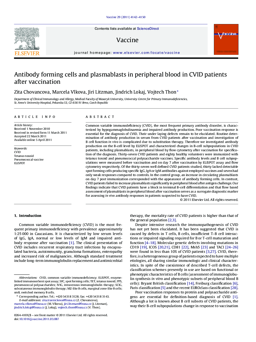 Antibody forming cells and plasmablasts in peripheral blood in CVID patients after vaccination