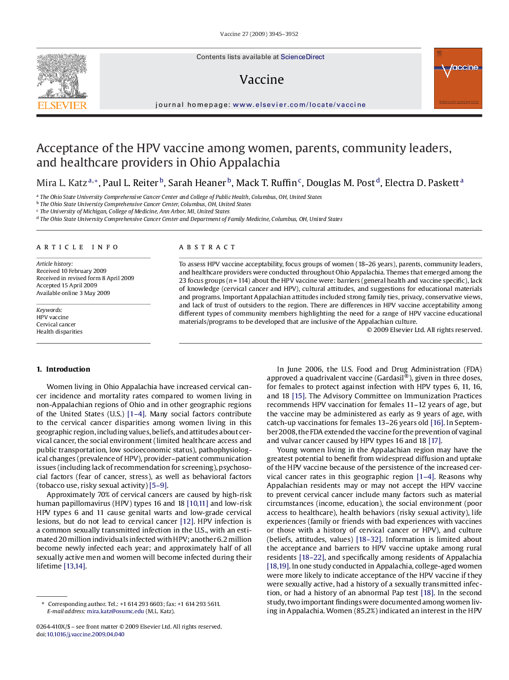 Acceptance of the HPV vaccine among women, parents, community leaders, and healthcare providers in Ohio Appalachia