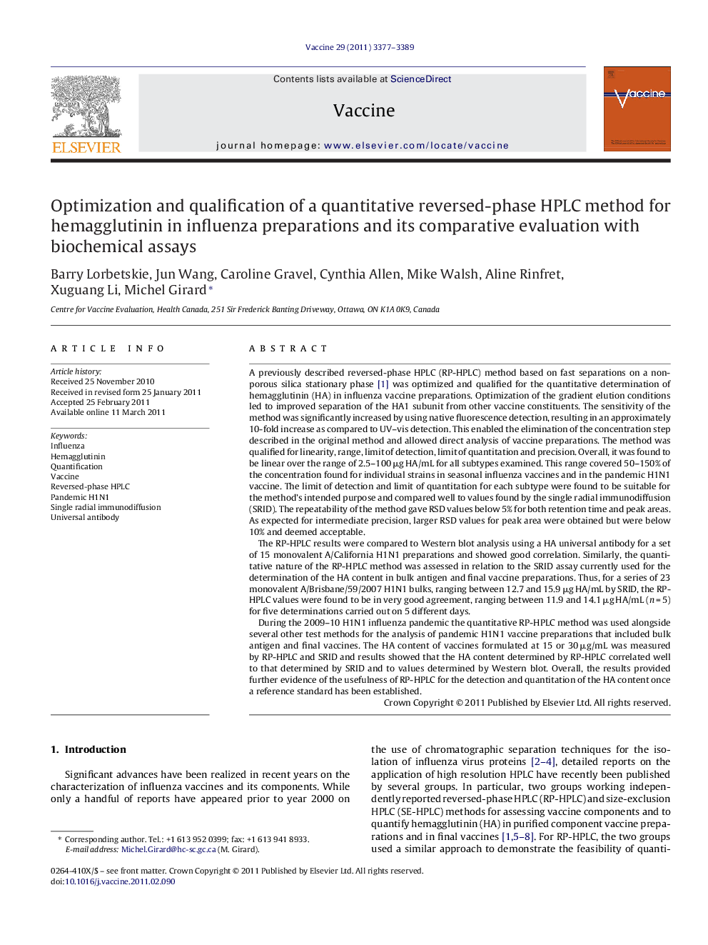 Optimization and qualification of a quantitative reversed-phase HPLC method for hemagglutinin in influenza preparations and its comparative evaluation with biochemical assays