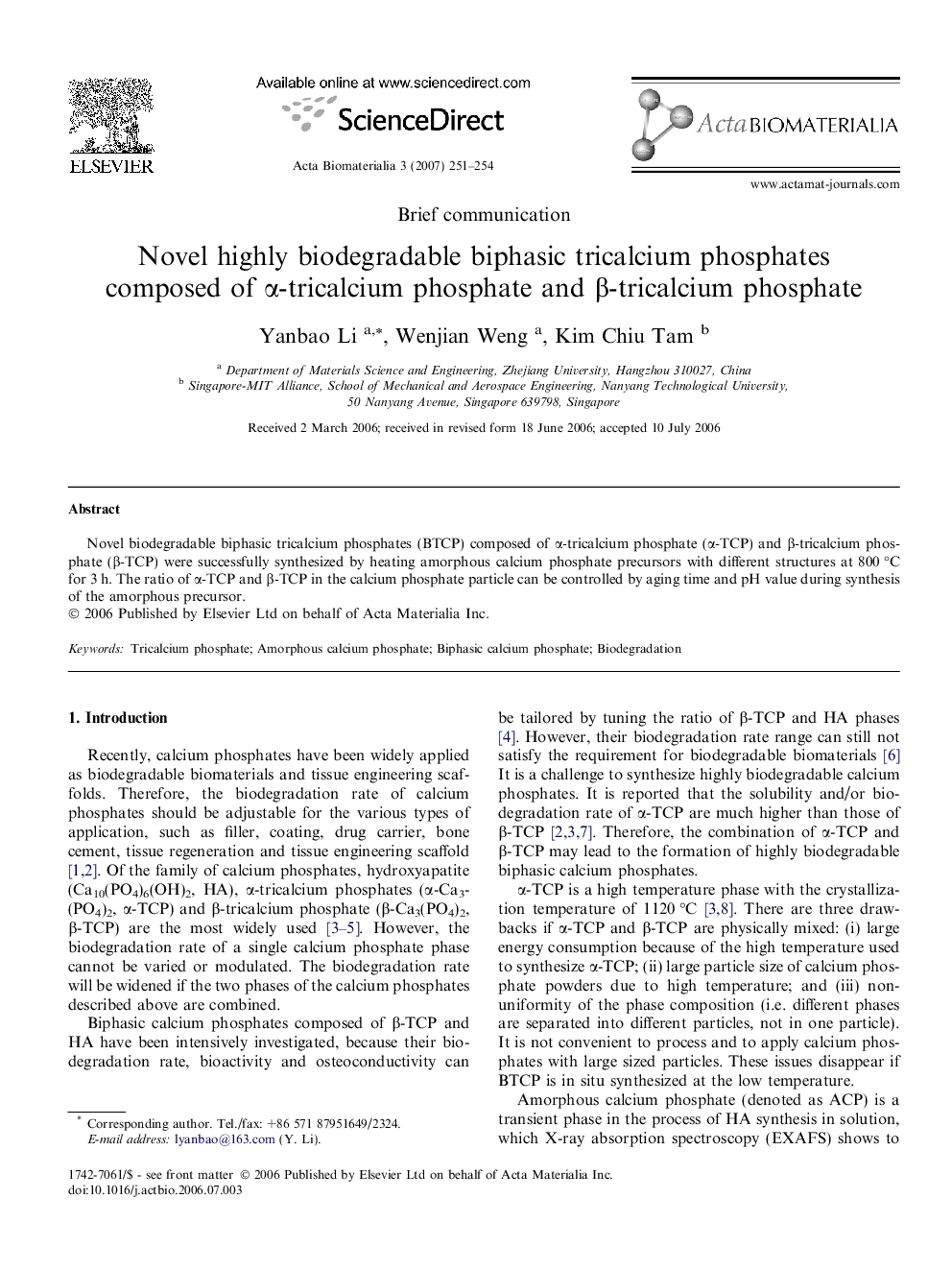 Novel highly biodegradable biphasic tricalcium phosphates composed of α-tricalcium phosphate and β-tricalcium phosphate