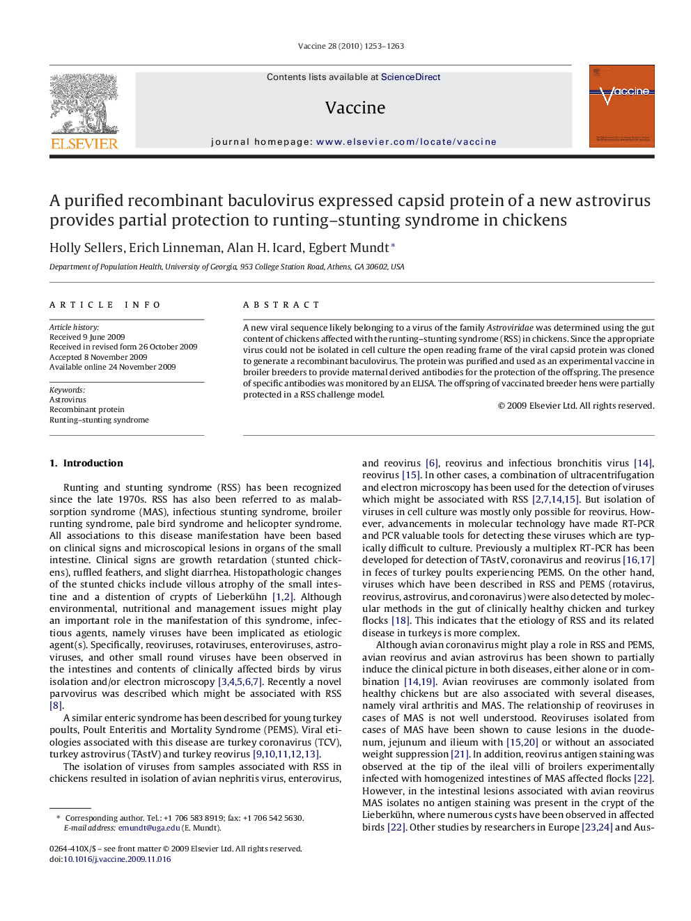 A purified recombinant baculovirus expressed capsid protein of a new astrovirus provides partial protection to runting–stunting syndrome in chickens