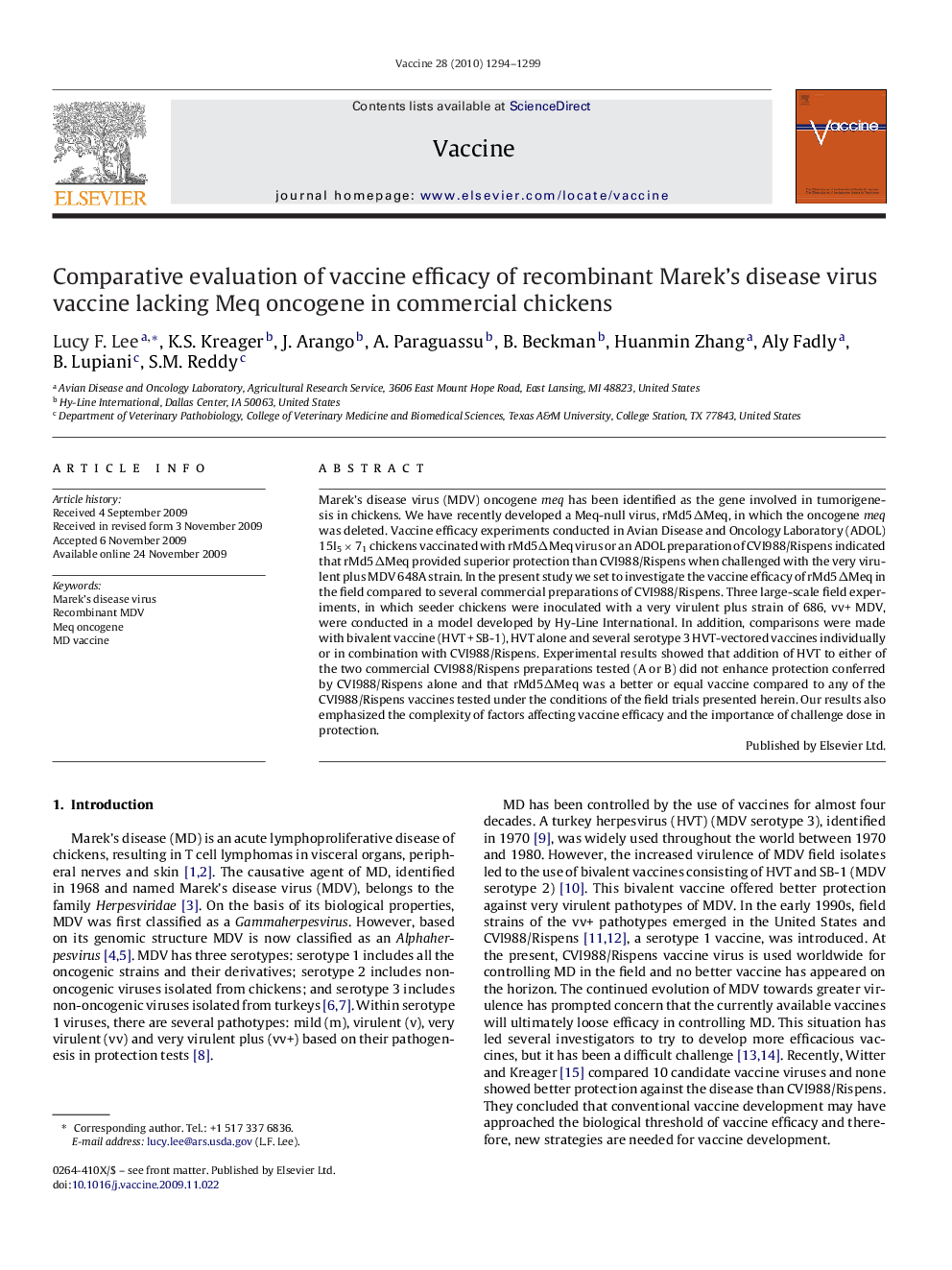 Comparative evaluation of vaccine efficacy of recombinant Marek's disease virus vaccine lacking Meq oncogene in commercial chickens