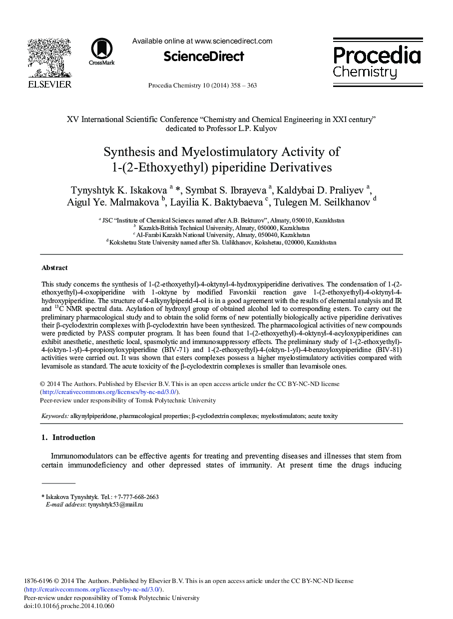 Synthesis and Myelostimulatory Activity of 1-(2-Ethoxyethyl) Piperidine Derivatives 