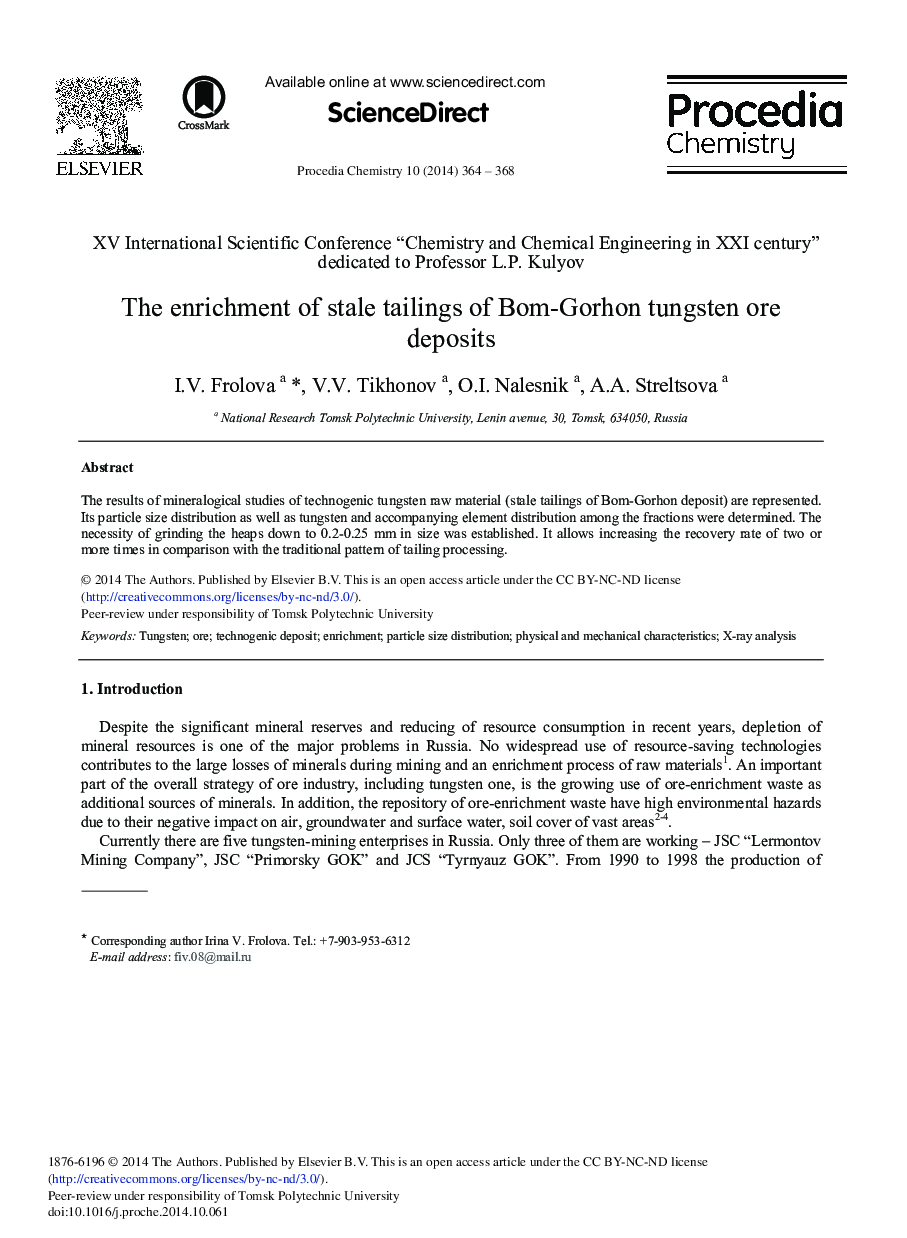 The Enrichment of Stale Tailings of Bom-gorhon Tungsten Ore Deposits 