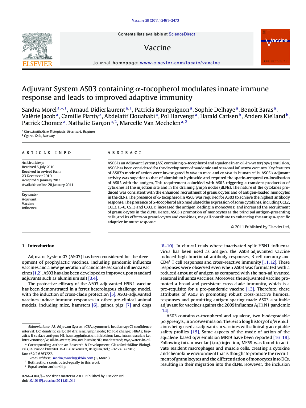 Adjuvant System AS03 containing α-tocopherol modulates innate immune response and leads to improved adaptive immunity