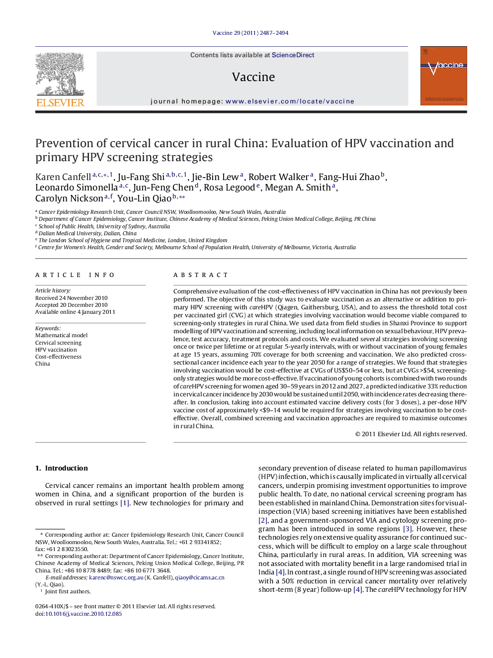 Prevention of cervical cancer in rural China: Evaluation of HPV vaccination and primary HPV screening strategies