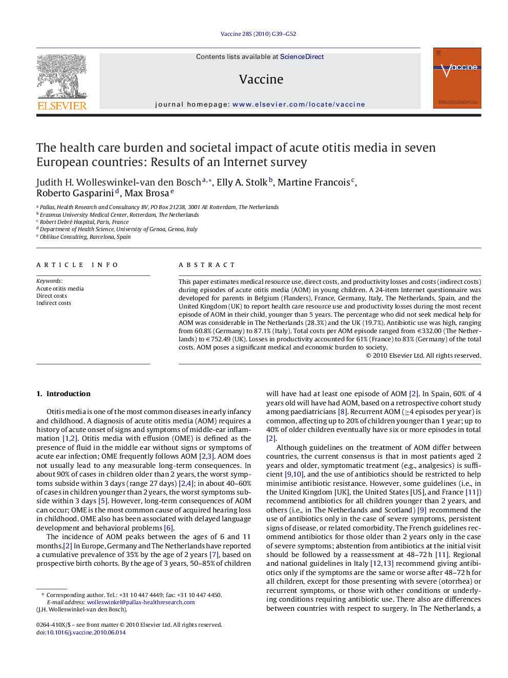 The health care burden and societal impact of acute otitis media in seven European countries: Results of an Internet survey