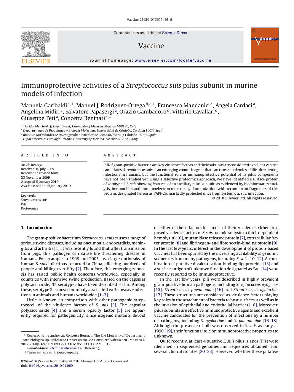 Immunoprotective activities of a Streptococcus suis pilus subunit in murine models of infection