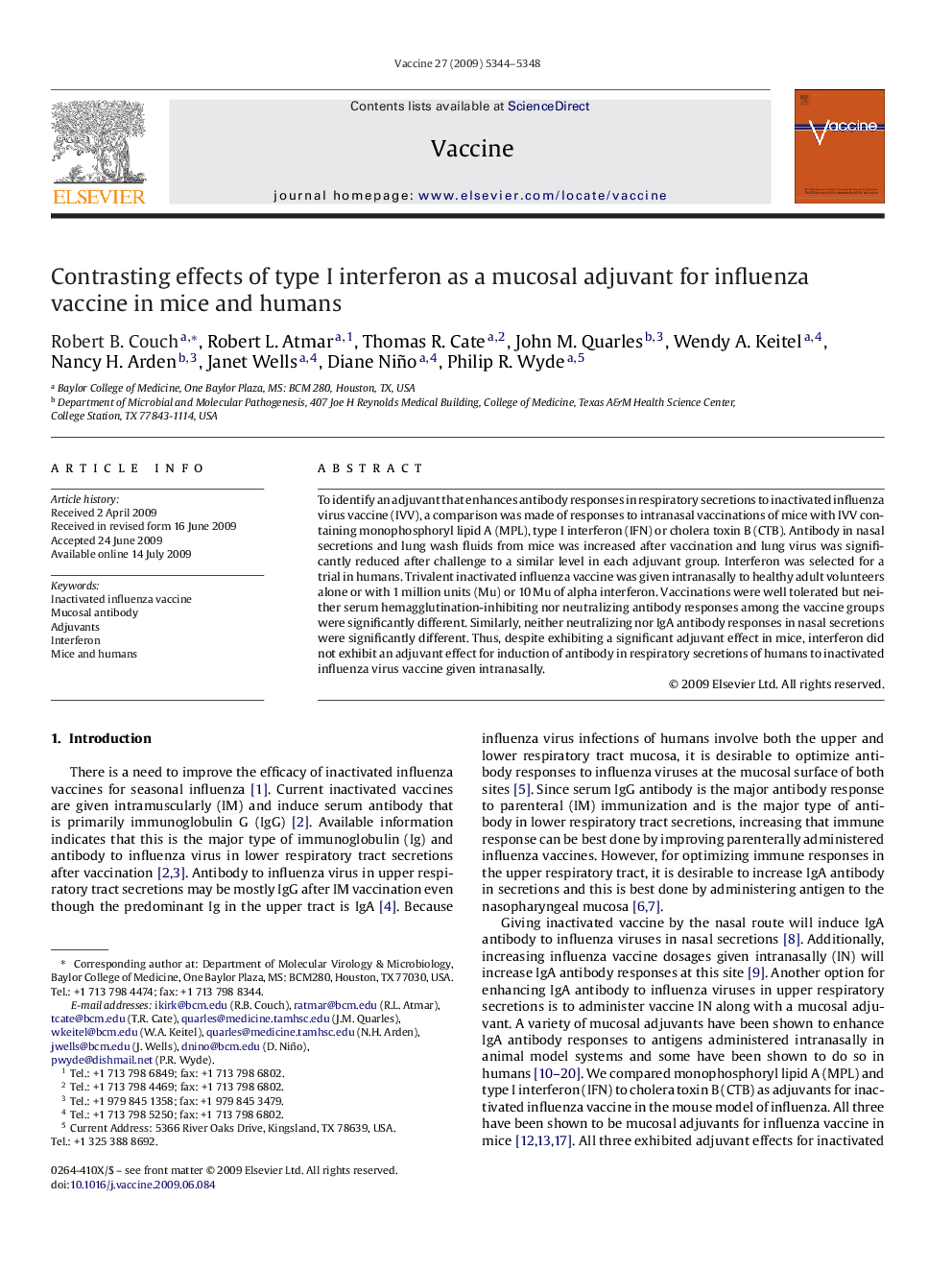 Contrasting effects of type I interferon as a mucosal adjuvant for influenza vaccine in mice and humans