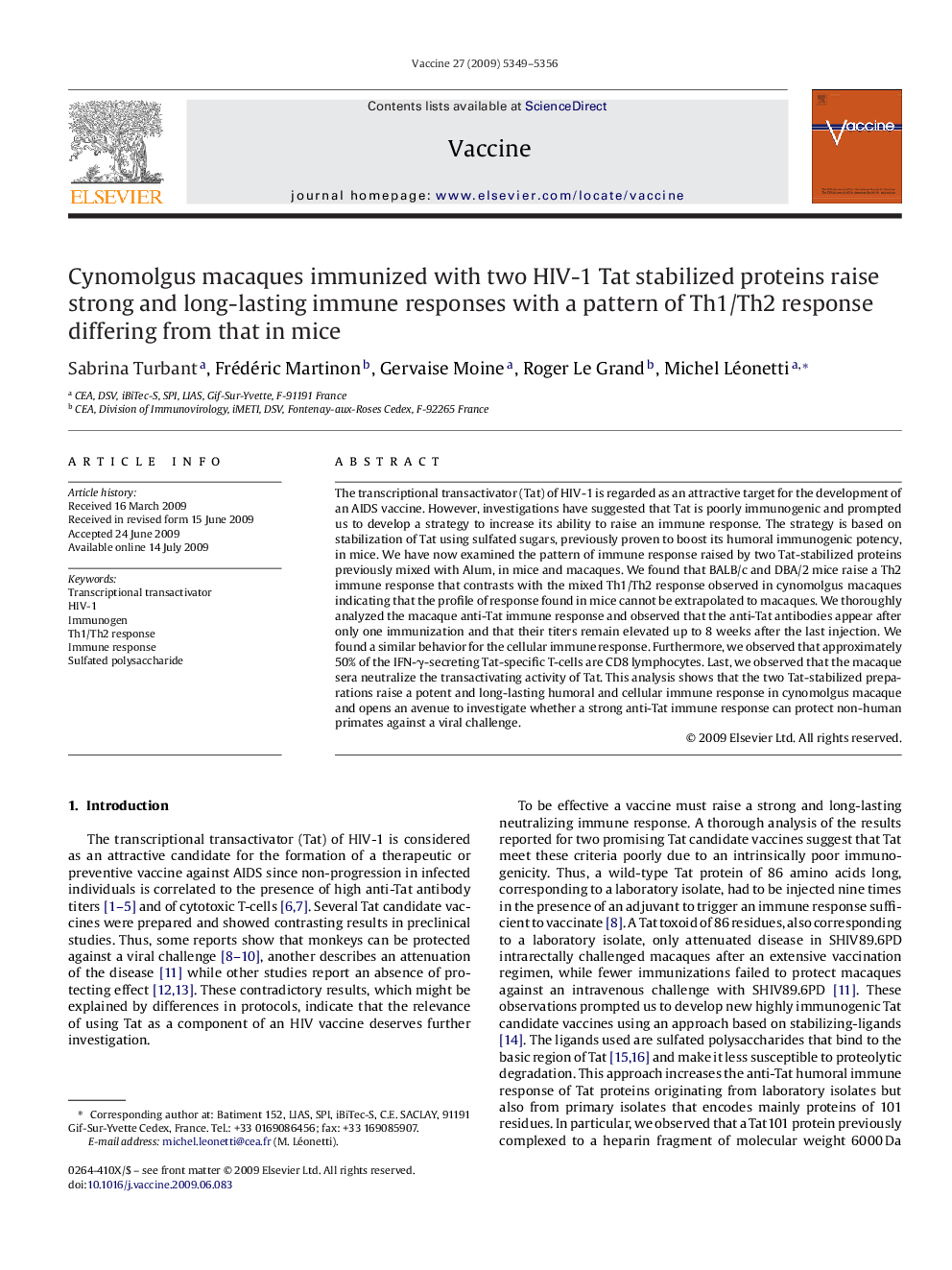 Cynomolgus macaques immunized with two HIV-1 Tat stabilized proteins raise strong and long-lasting immune responses with a pattern of Th1/Th2 response differing from that in mice