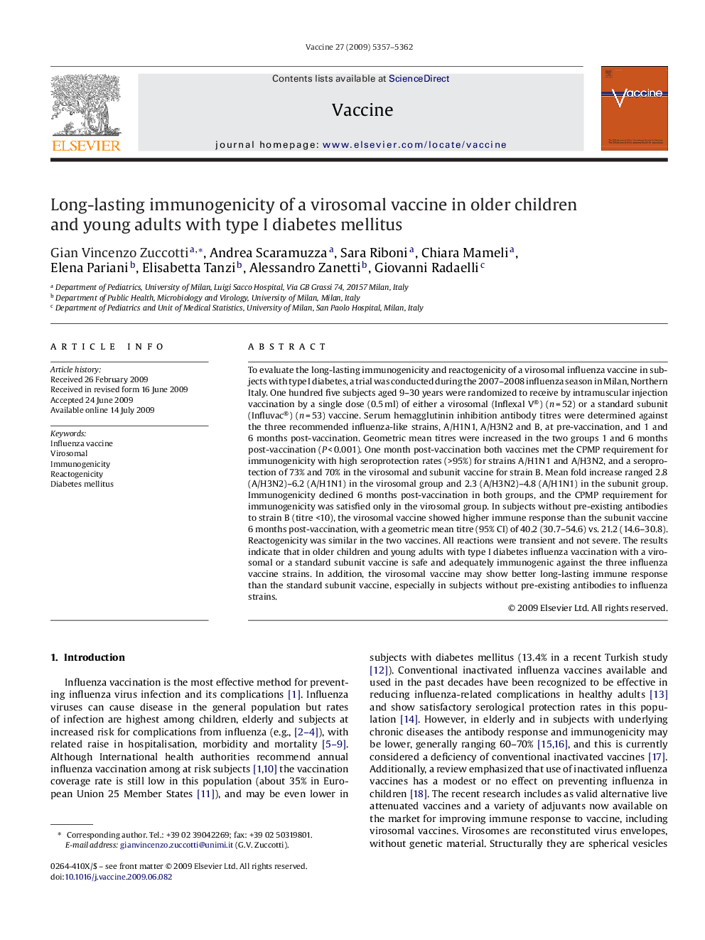 Long-lasting immunogenicity of a virosomal vaccine in older children and young adults with type I diabetes mellitus