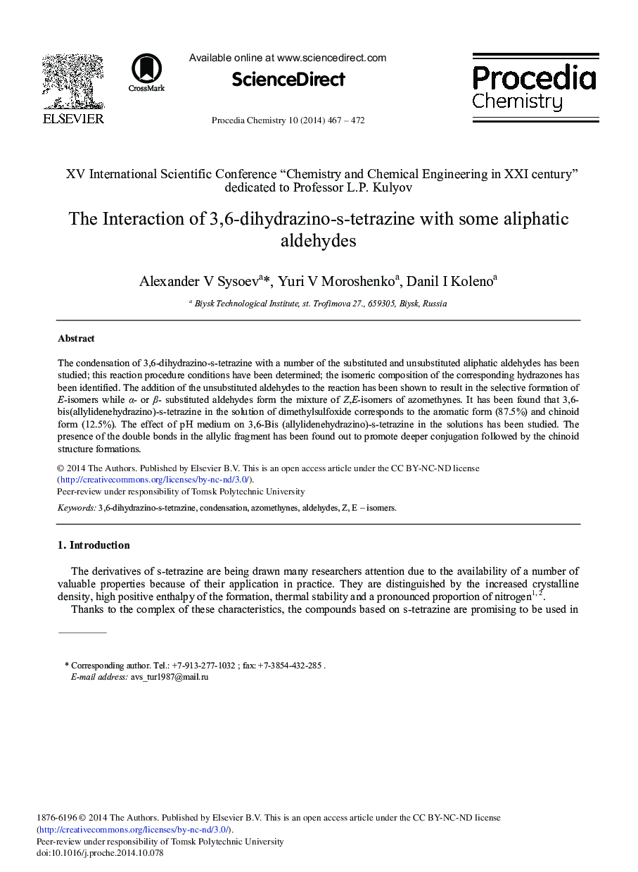 The Interaction of 3,6-dihydrazino-s-tetrazine with Some Aliphatic Aldehydes 