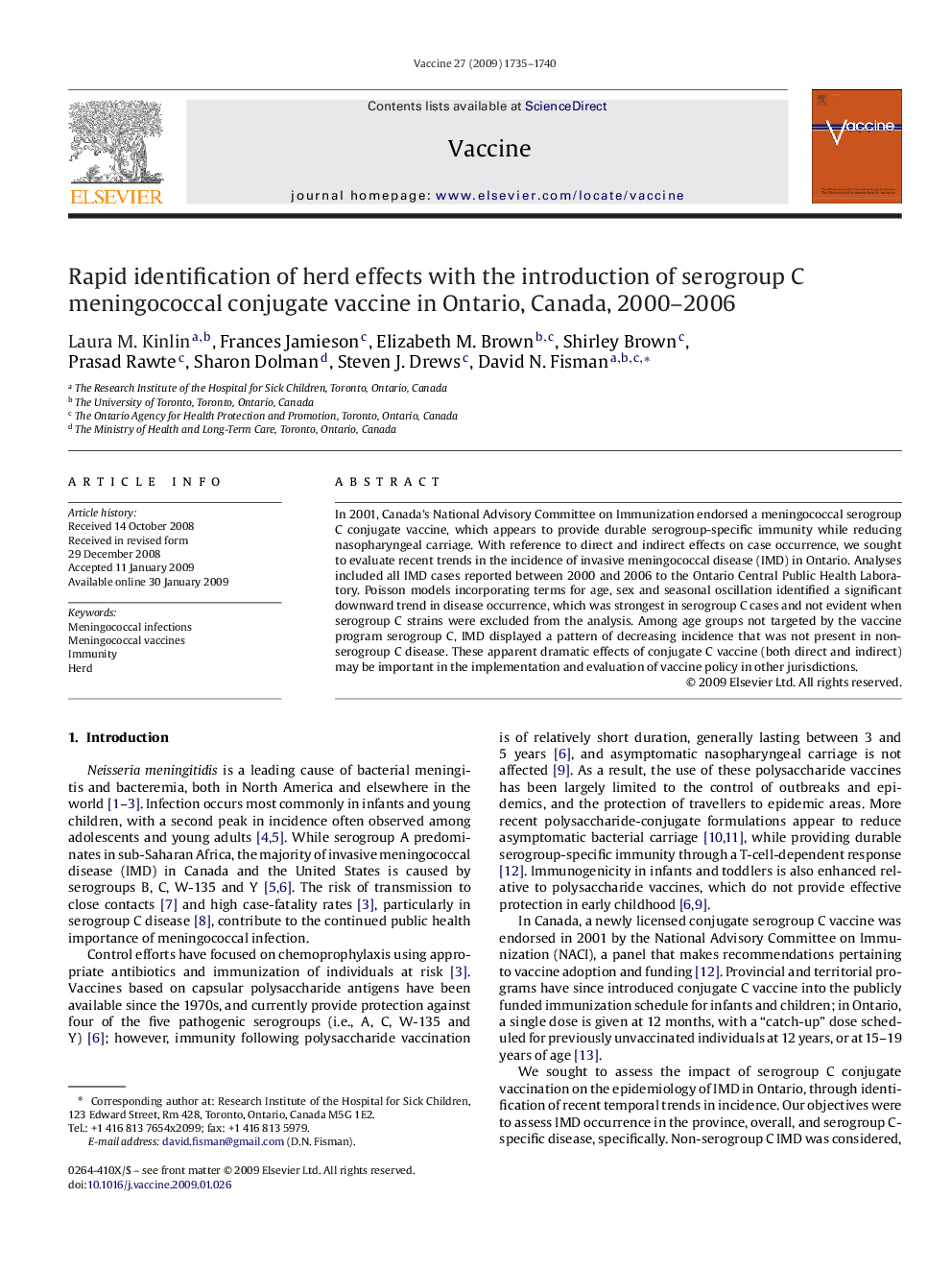 Rapid identification of herd effects with the introduction of serogroup C meningococcal conjugate vaccine in Ontario, Canada, 2000-2006