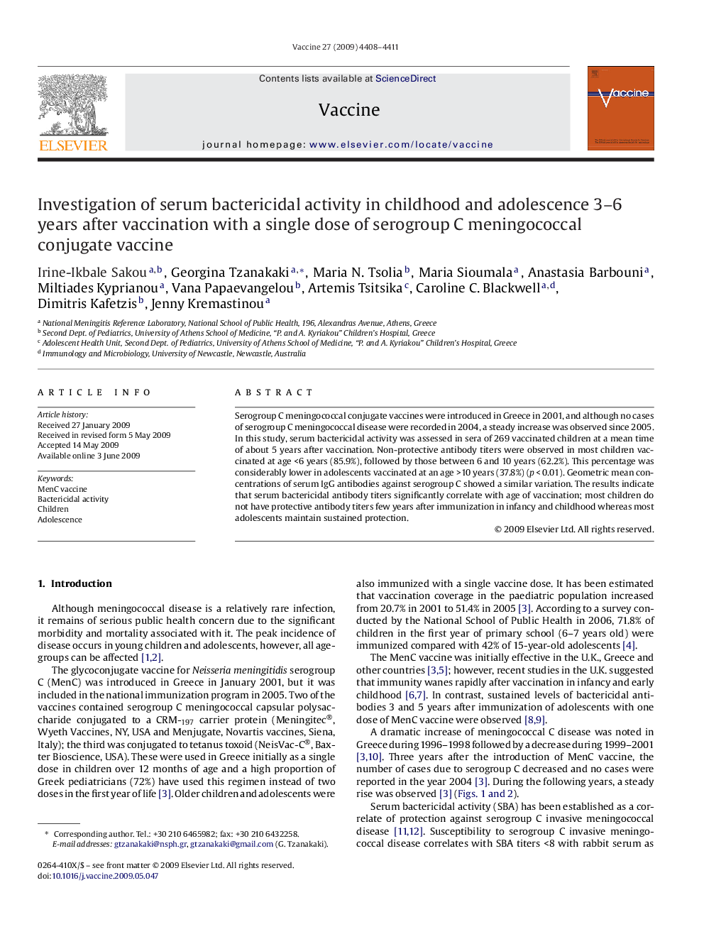 Investigation of serum bactericidal activity in childhood and adolescence 3–6 years after vaccination with a single dose of serogroup C meningococcal conjugate vaccine