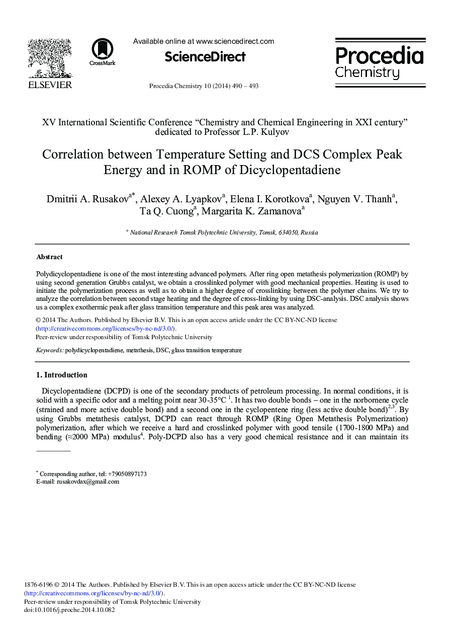 Correlation between Temperature Setting and DCS Complex Peak Energy and in ROMP of Dicyclopentadiene 