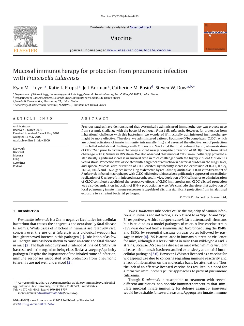 Mucosal immunotherapy for protection from pneumonic infection with Francisella tularensis