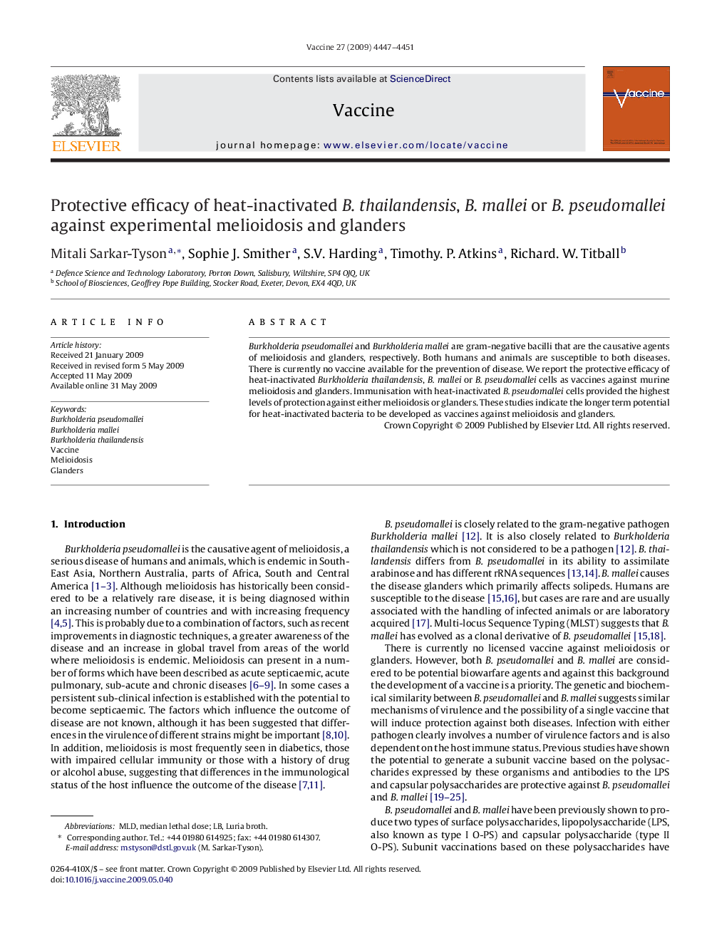 Protective efficacy of heat-inactivated B. thailandensis, B. mallei or B. pseudomallei against experimental melioidosis and glanders