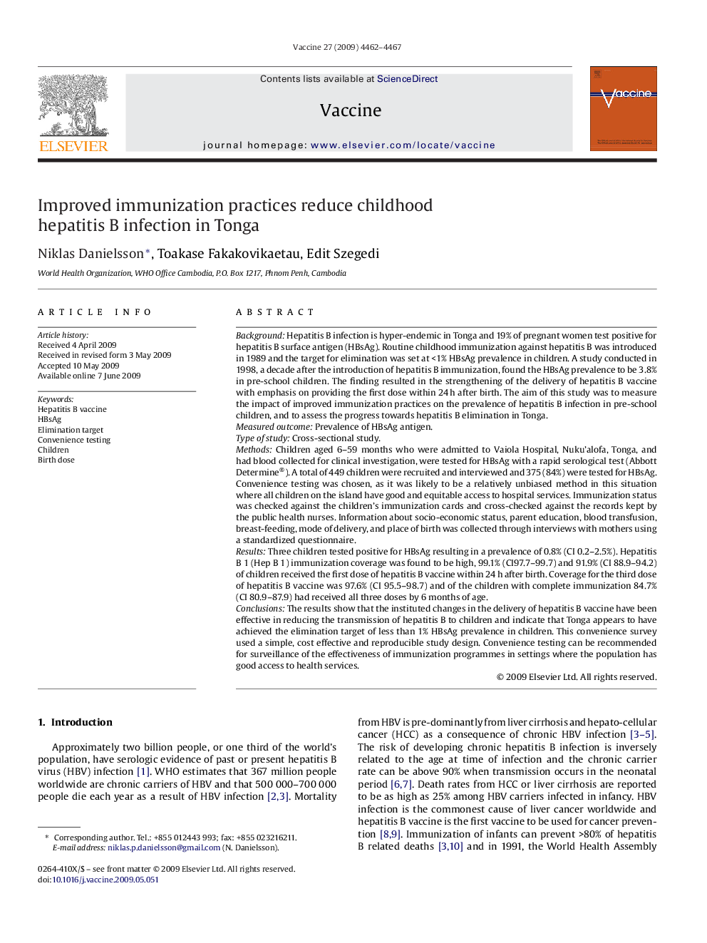 Improved immunization practices reduce childhood hepatitis B infection in Tonga