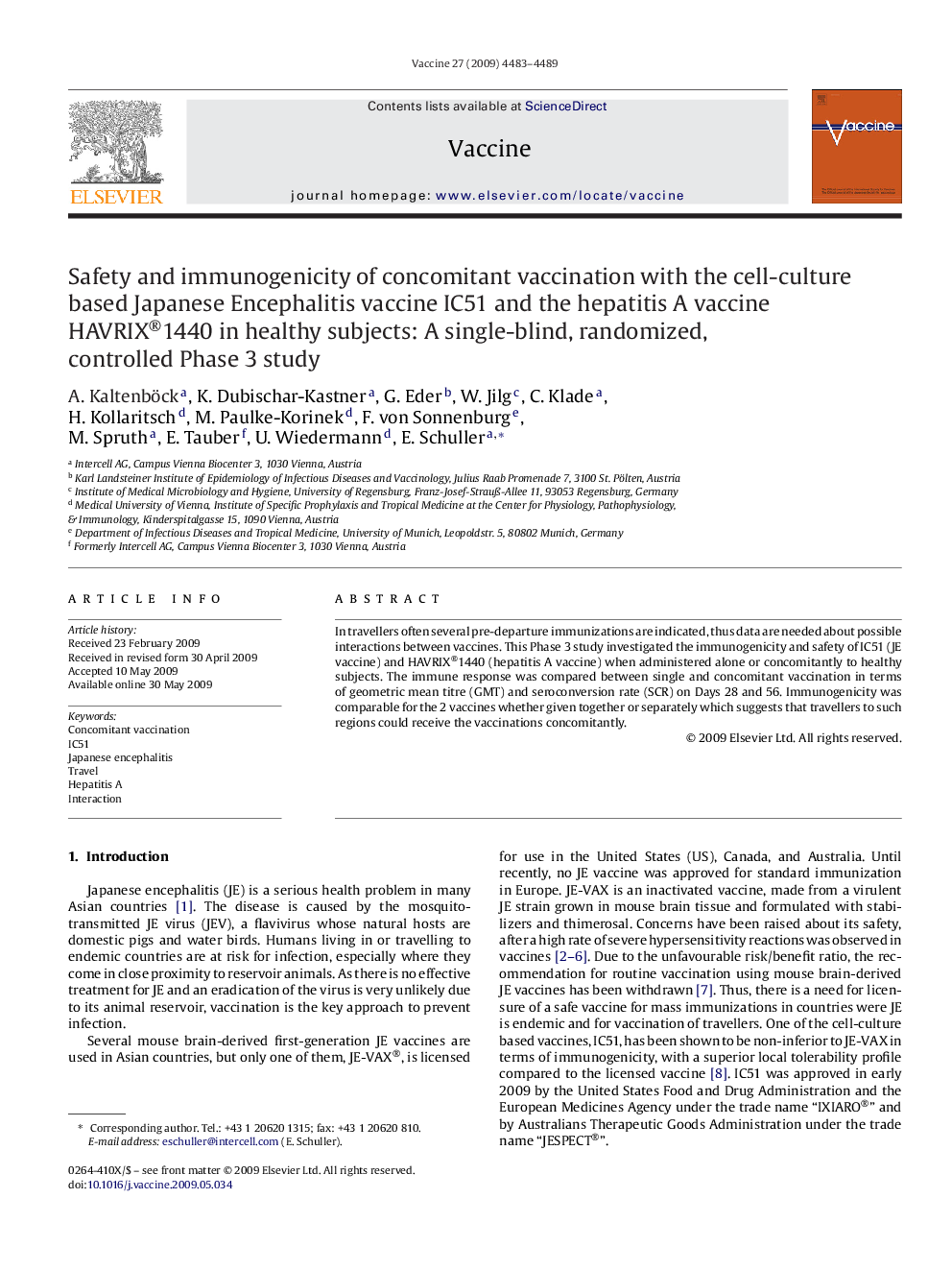 Safety and immunogenicity of concomitant vaccination with the cell-culture based Japanese Encephalitis vaccine IC51 and the hepatitis A vaccine HAVRIX®1440 in healthy subjects: A single-blind, randomized, controlled Phase 3 study