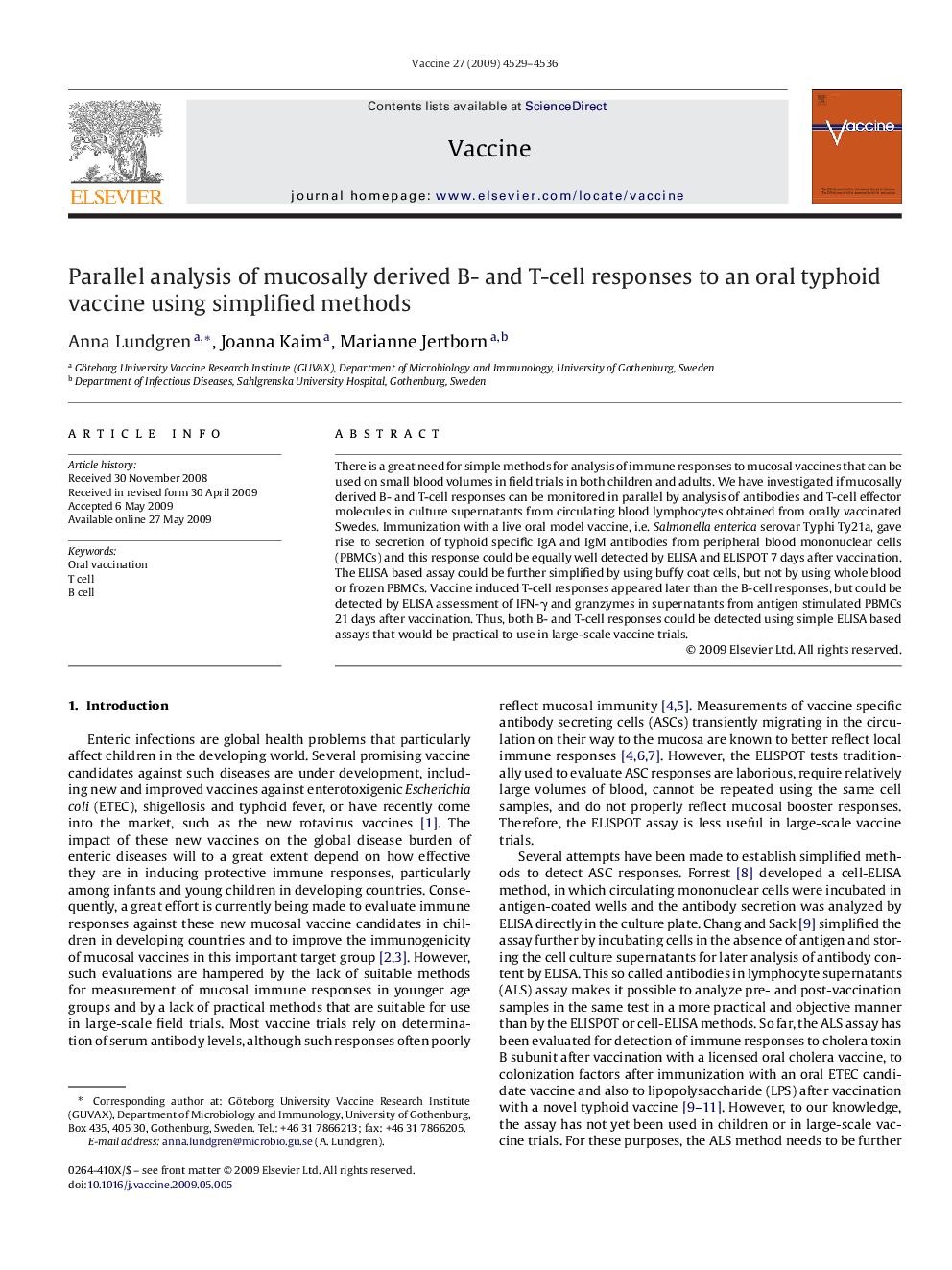 Parallel analysis of mucosally derived B- and T-cell responses to an oral typhoid vaccine using simplified methods