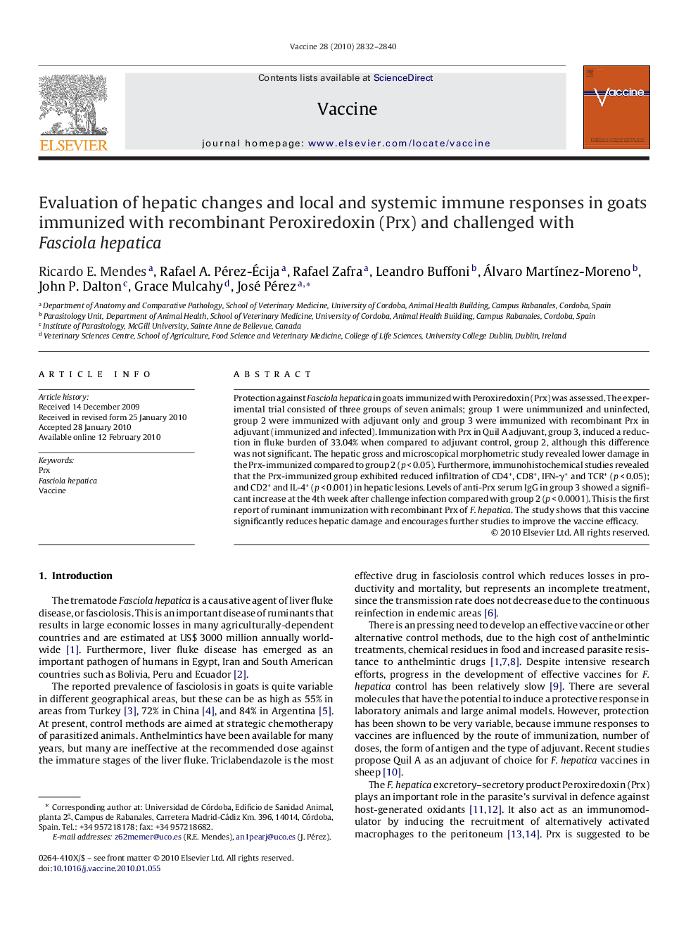 Evaluation of hepatic changes and local and systemic immune responses in goats immunized with recombinant Peroxiredoxin (Prx) and challenged with Fasciola hepatica