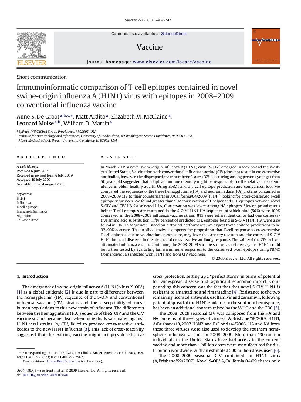 Immunoinformatic comparison of T-cell epitopes contained in novel swine-origin influenza A (H1N1) virus with epitopes in 2008–2009 conventional influenza vaccine