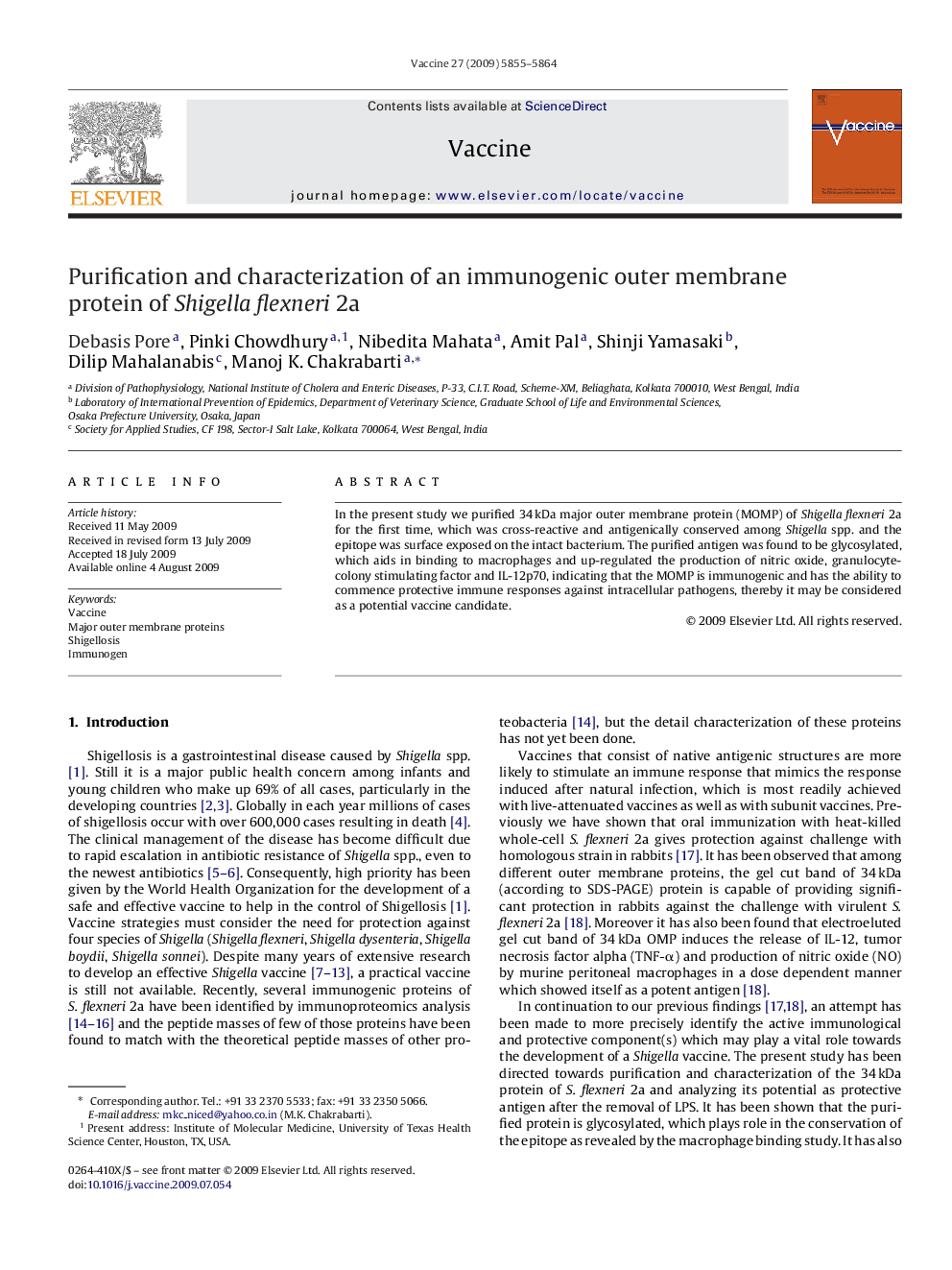 Purification and characterization of an immunogenic outer membrane protein of Shigella flexneri 2a