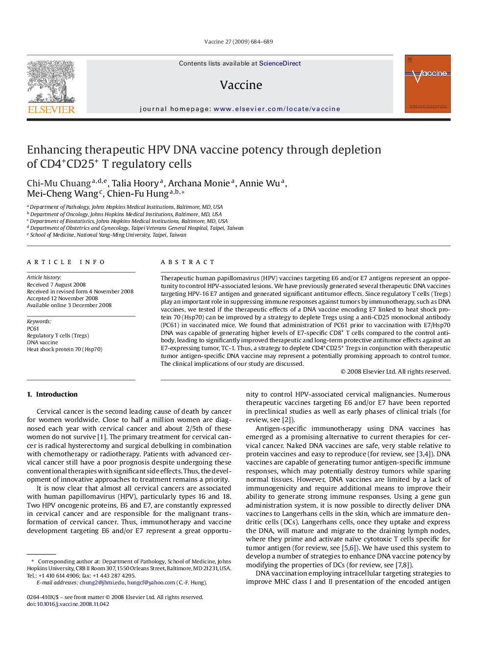 Enhancing therapeutic HPV DNA vaccine potency through depletion of CD4+CD25+ T regulatory cells