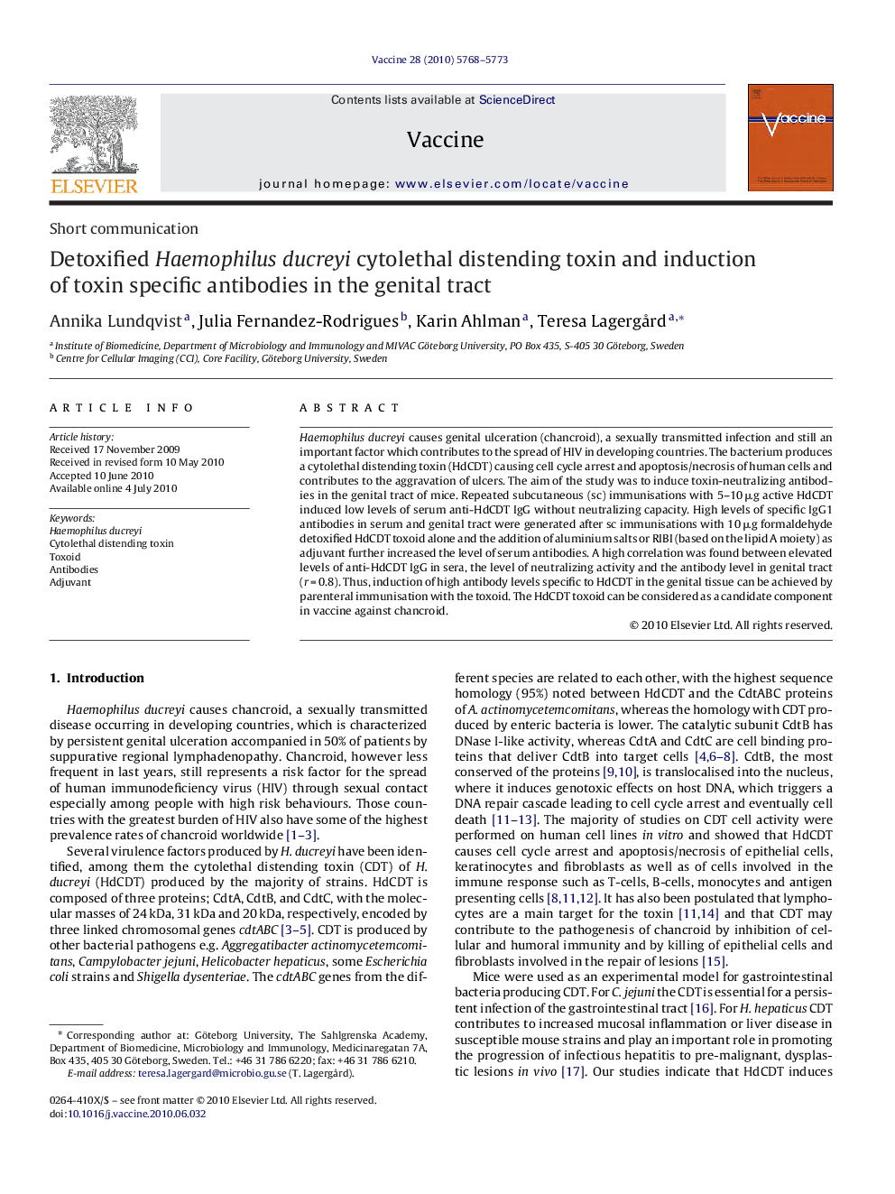 Detoxified Haemophilus ducreyi cytolethal distending toxin and induction of toxin specific antibodies in the genital tract