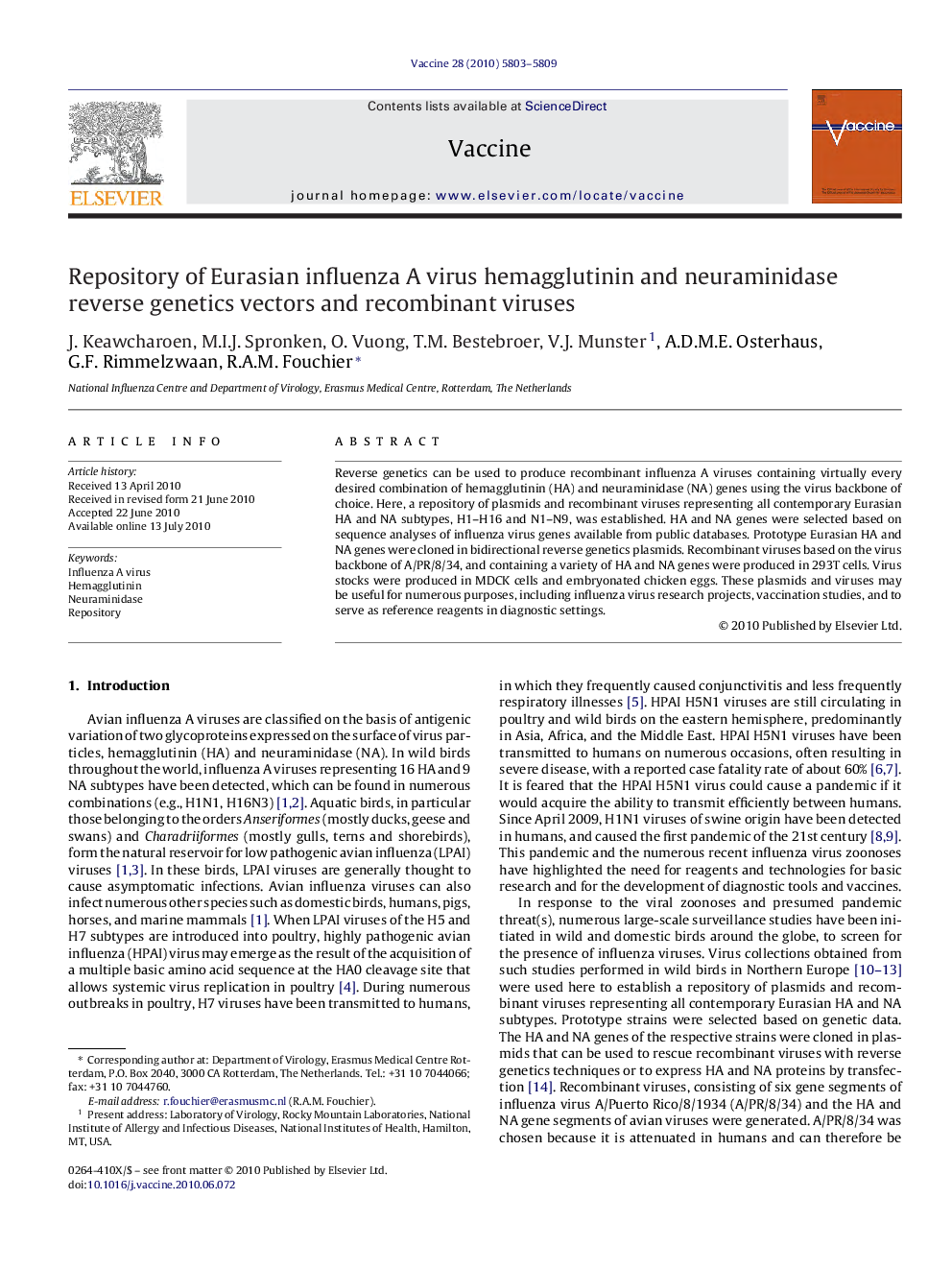 Repository of Eurasian influenza A virus hemagglutinin and neuraminidase reverse genetics vectors and recombinant viruses