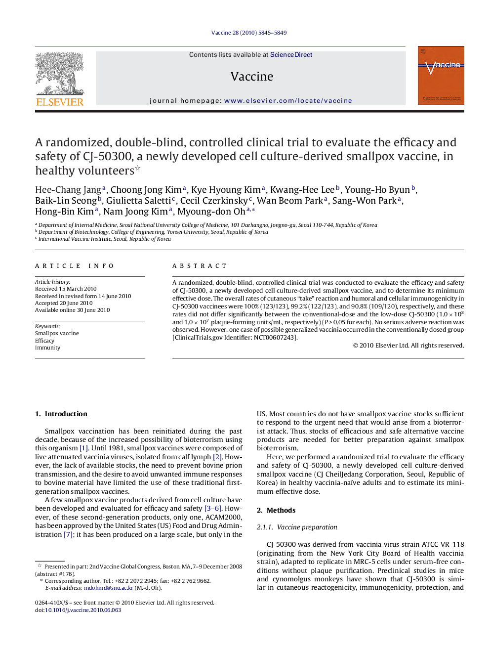 A randomized, double-blind, controlled clinical trial to evaluate the efficacy and safety of CJ-50300, a newly developed cell culture-derived smallpox vaccine, in healthy volunteers 