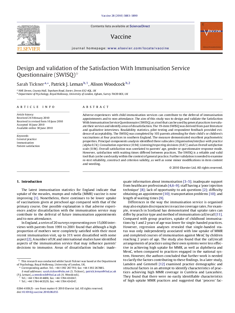 Design and validation of the Satisfaction With Immunisation Service Questionnaire (SWISQ) 