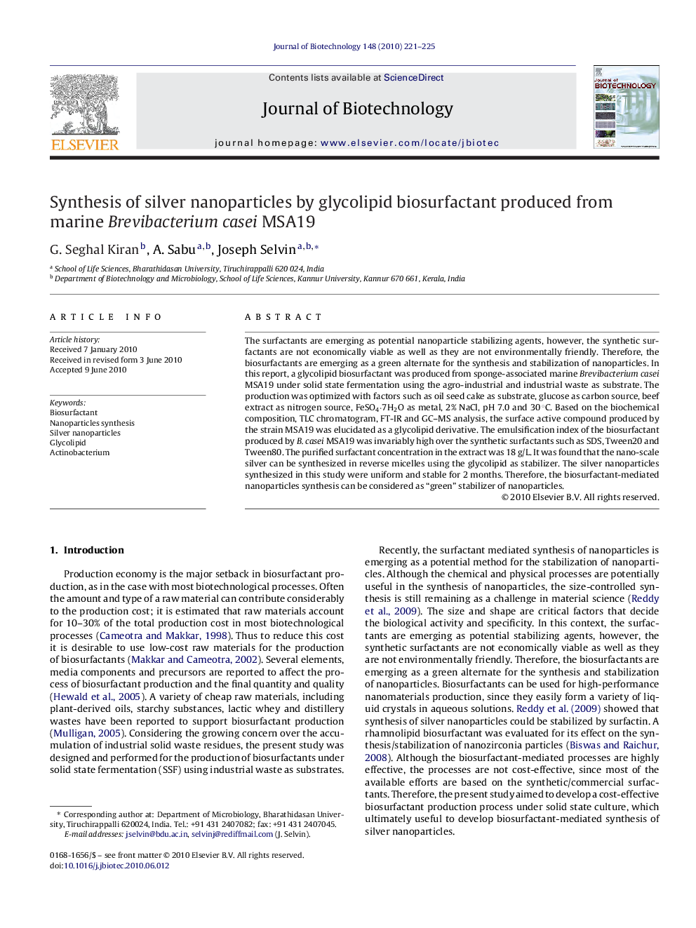 Synthesis of silver nanoparticles by glycolipid biosurfactant produced from marine Brevibacterium casei MSA19