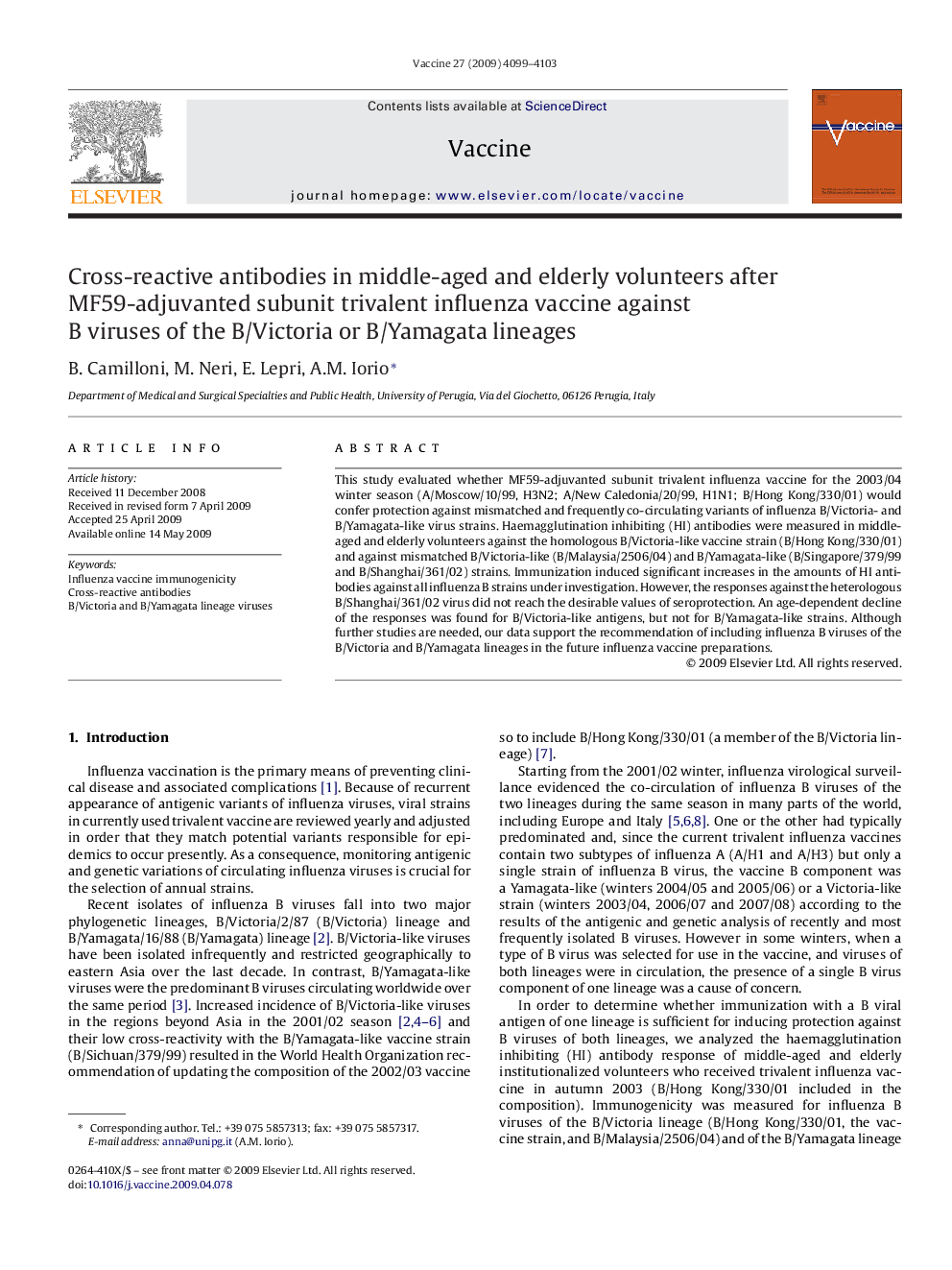 Cross-reactive antibodies in middle-aged and elderly volunteers after MF59-adjuvanted subunit trivalent influenza vaccine against B viruses of the B/Victoria or B/Yamagata lineages