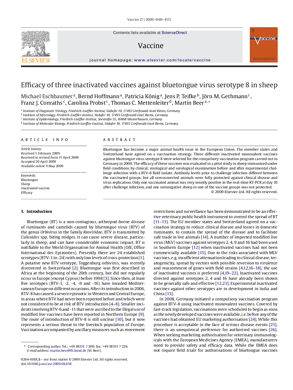 Efficacy of three inactivated vaccines against bluetongue virus serotype 8 in sheep