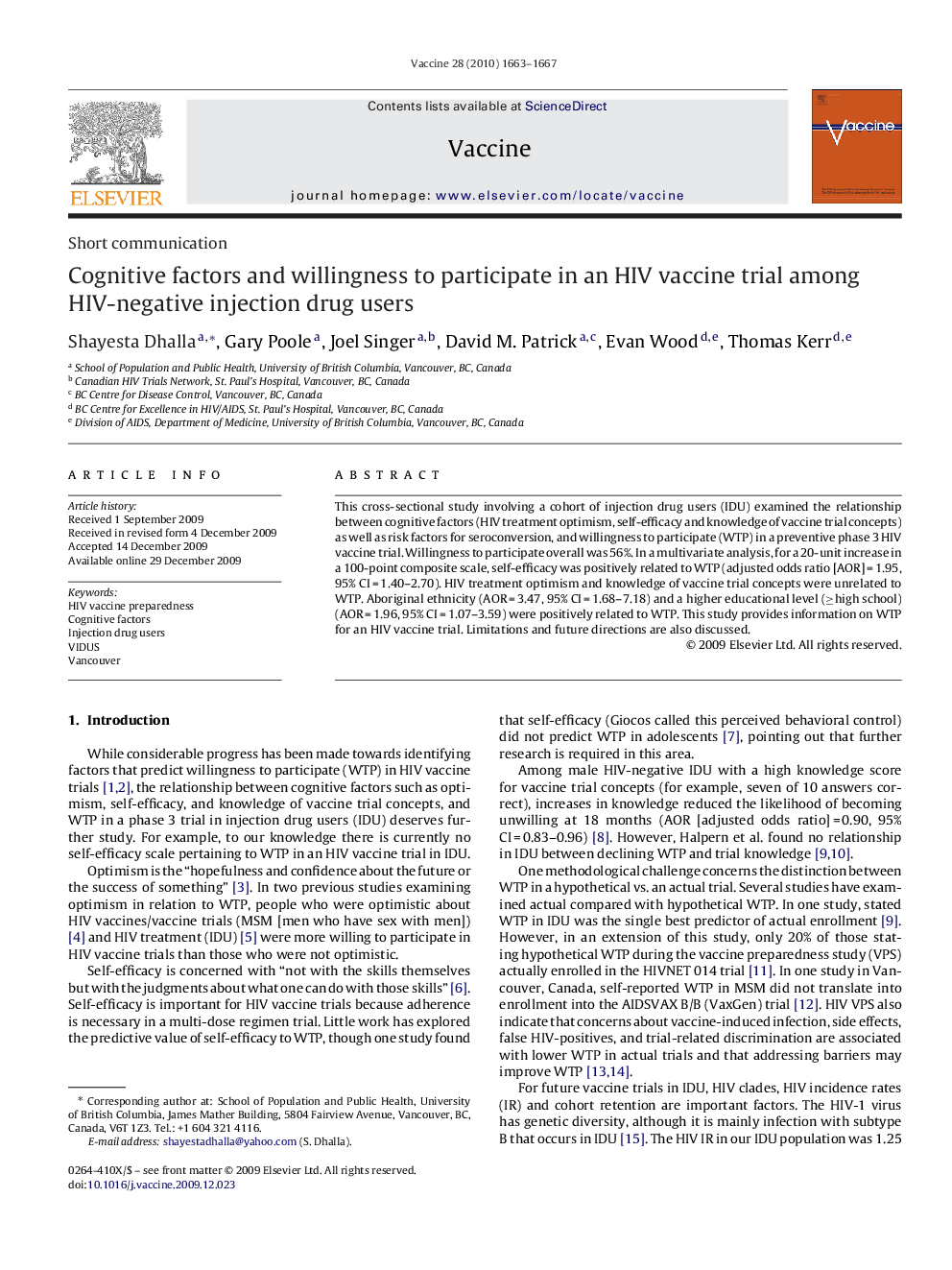 Cognitive factors and willingness to participate in an HIV vaccine trial among HIV-negative injection drug users