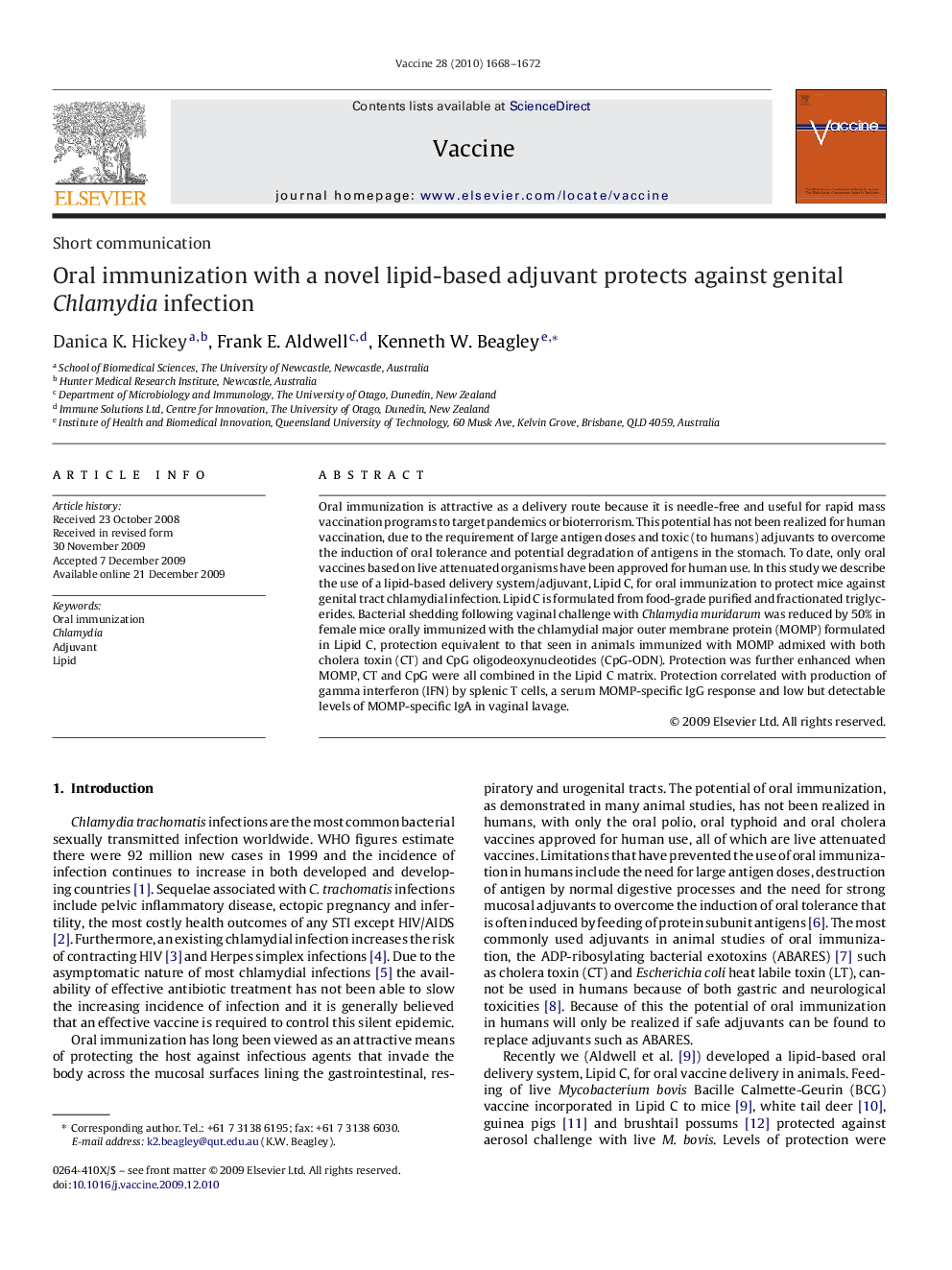 Oral immunization with a novel lipid-based adjuvant protects against genital Chlamydia infection