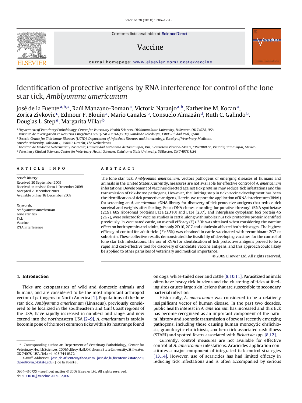 Identification of protective antigens by RNA interference for control of the lone star tick, Amblyomma americanum