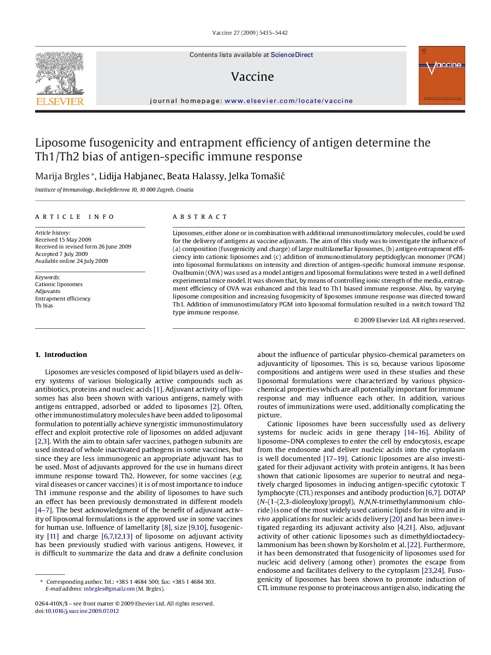 Liposome fusogenicity and entrapment efficiency of antigen determine the Th1/Th2 bias of antigen-specific immune response