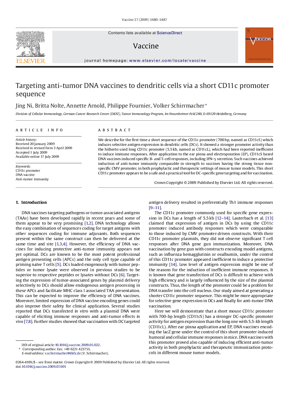 Targeting anti-tumor DNA vaccines to dendritic cells via a short CD11c promoter sequence