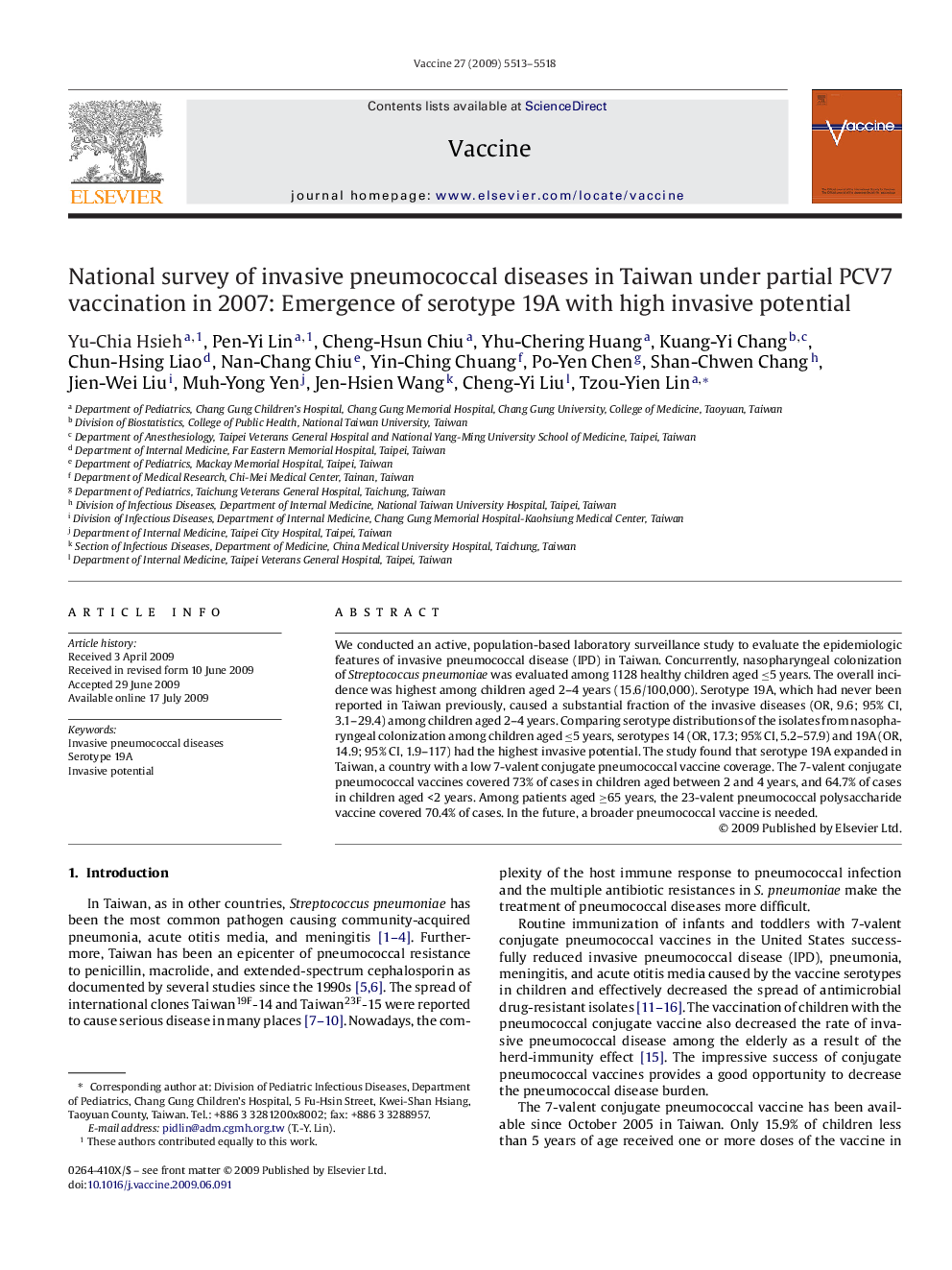 National survey of invasive pneumococcal diseases in Taiwan under partial PCV7 vaccination in 2007: Emergence of serotype 19A with high invasive potential