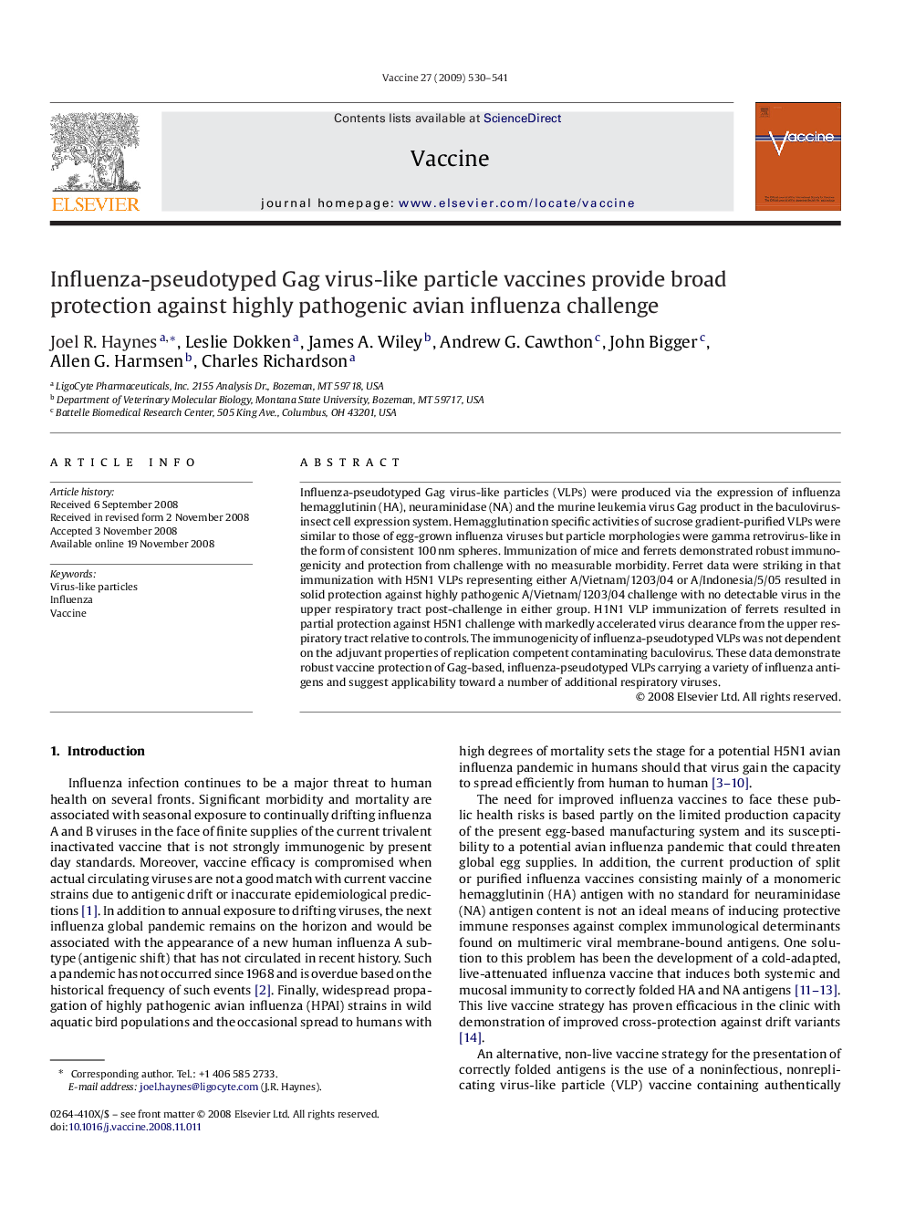 Influenza-pseudotyped Gag virus-like particle vaccines provide broad protection against highly pathogenic avian influenza challenge