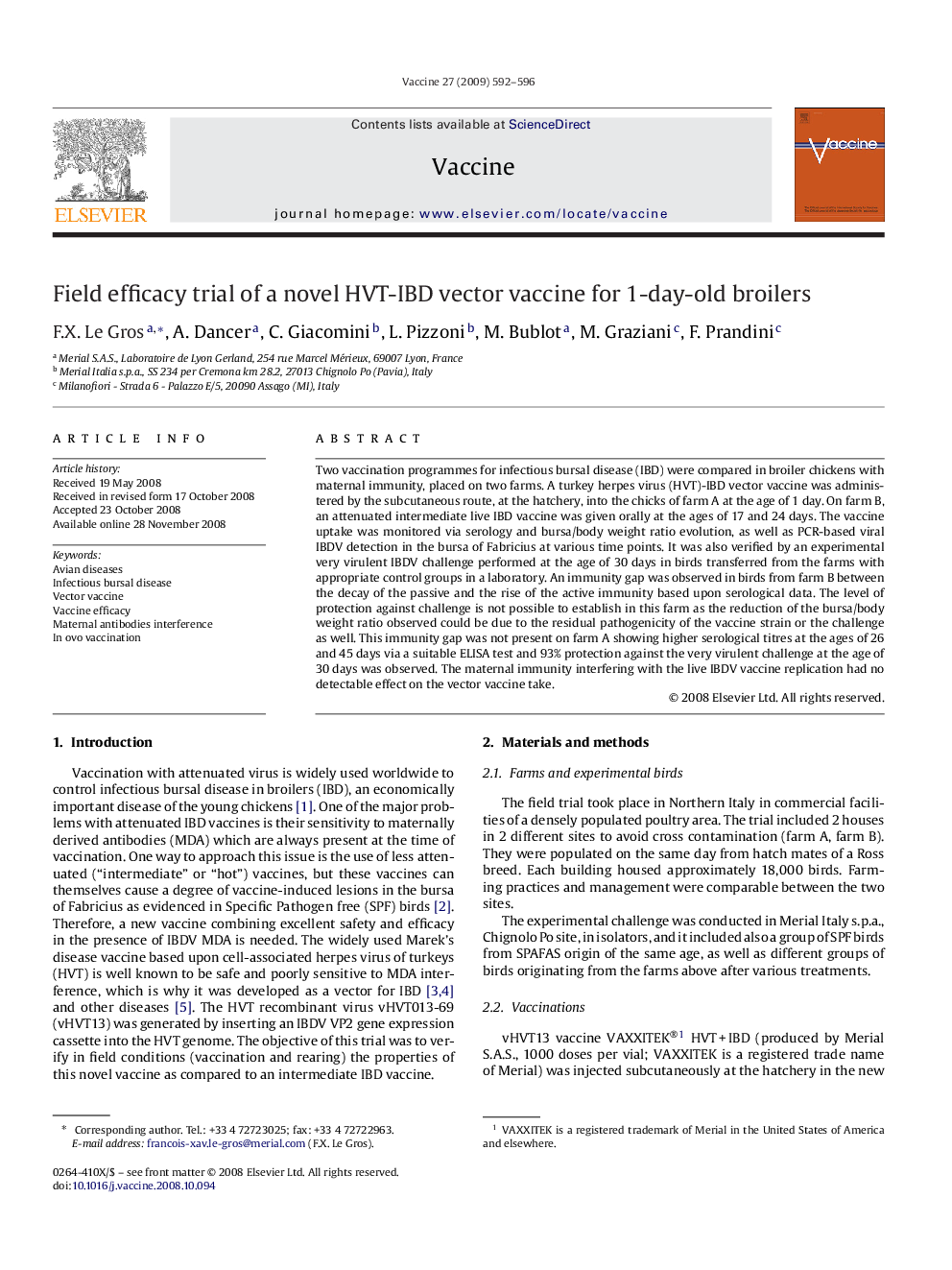 Field efficacy trial of a novel HVT-IBD vector vaccine for 1-day-old broilers